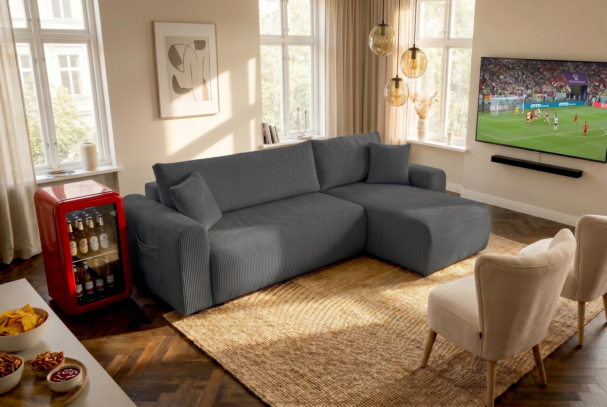 OTTO home Ecksofa »JONAA Cord L-Form, 241cm. OTTO. Verlässliche Qualität« Tonnentaschen-Federkern, Bettkasten, Schlafsofa (133/200)