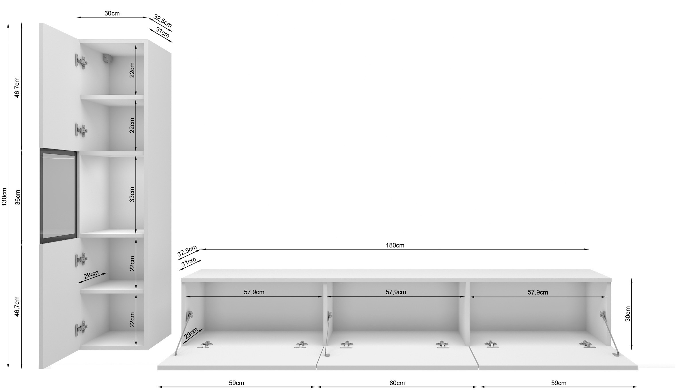 INOSIGN Wohnwand »BERLIN I, Vitrine Türschlag links/rechts wechselbar«, (Komplett-Set, 2 St.), moderne grifflose Mediawand Breite 220 cm, Vitrine mit Verglasung