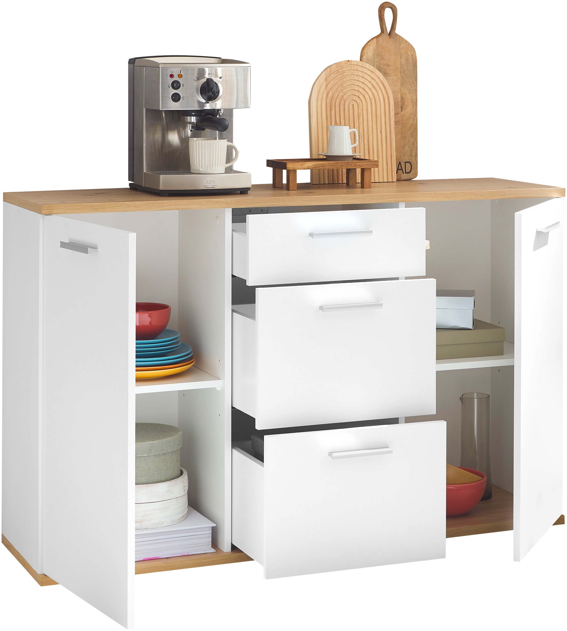HBZ Kommode »BC1035 weiß matt, BxHxT 135x86x38 cm«, Kommode mit 2 Türen, 3 Schubkästen, 2 Einlegeböden