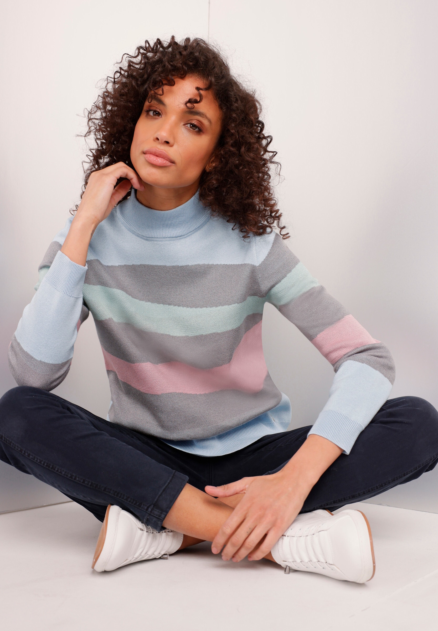 creation L Strickpullover »Baumwoll-Pullover Stehkragenpullover mit Jacquard-Muster, mehrfarbig«