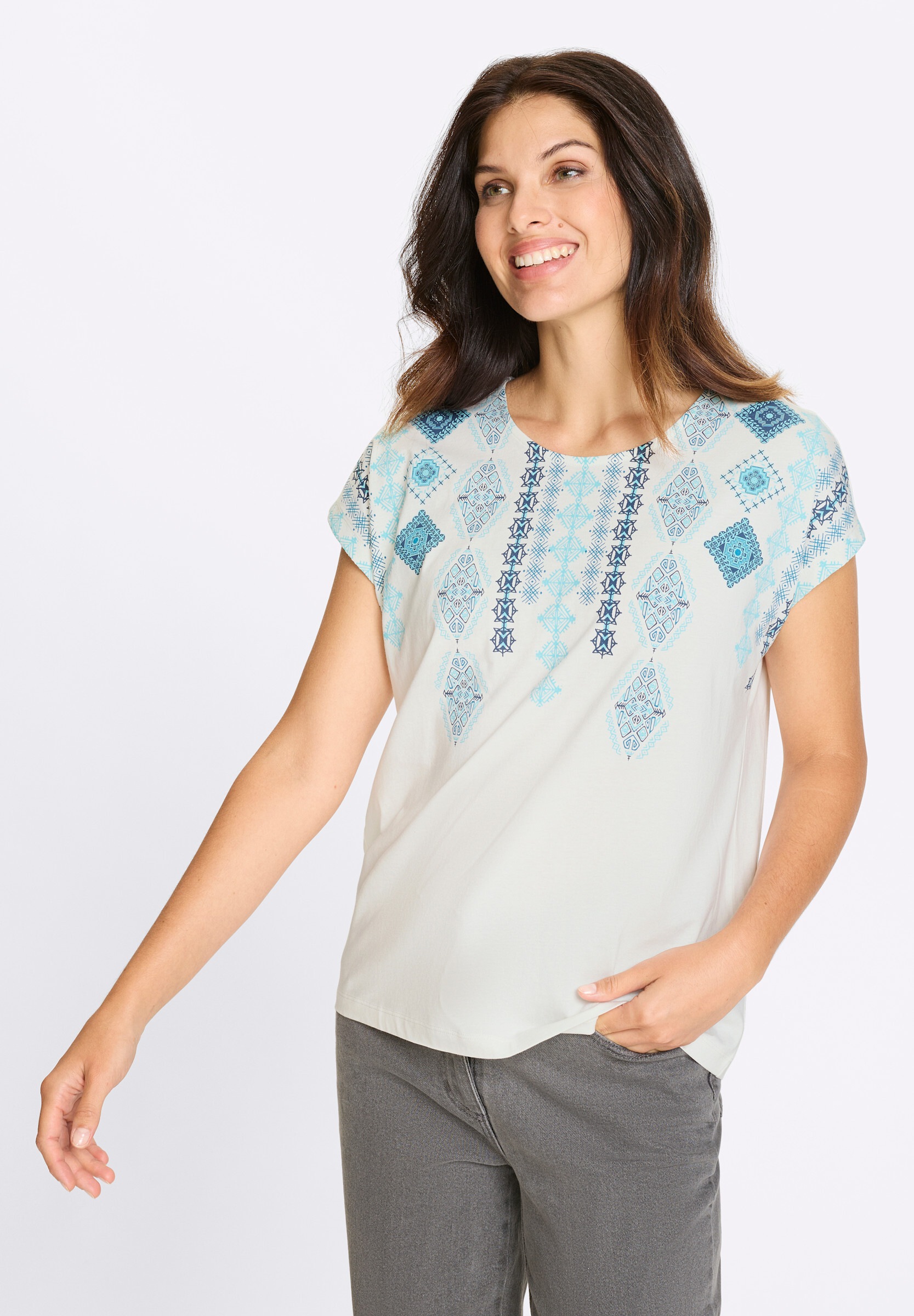 Sieh an! T-Shirt »Kurzarm-Shirt Kurzarmshirt mit platziertem Ethno-Druck«