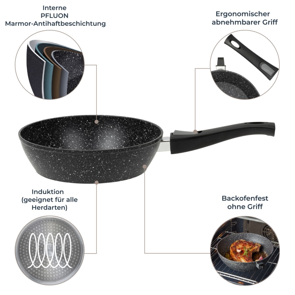 RESTO Kitchenware Bratpfanne »Leo, Wokpfanne mit vierschichtiger Marmor-Antihaftbeschichtung« Aluminium 1 Stk. tlg. mit einem abnehmbaren Griff - backofenfest, spülmaschinenfest