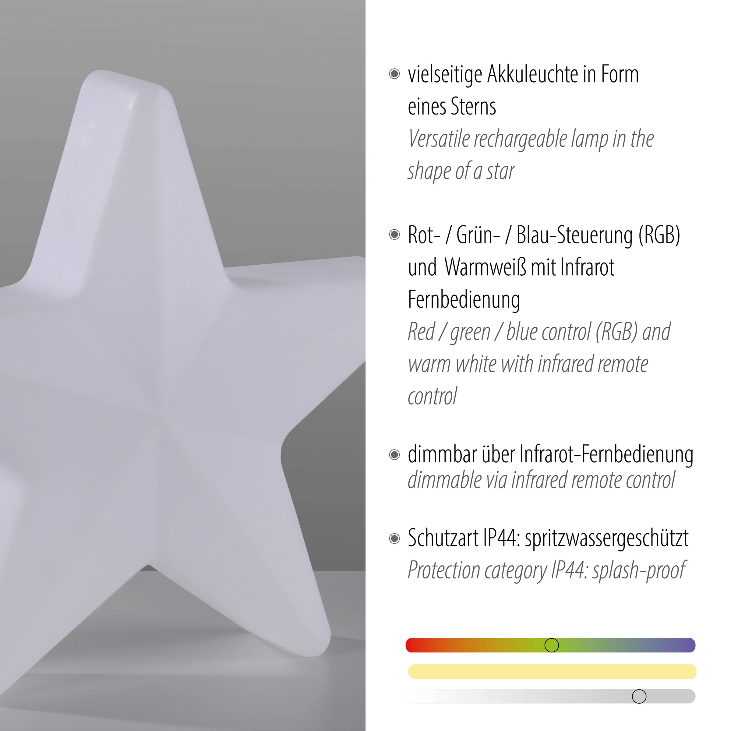 JUST LIGHT LED Gartenleuchte »AKKU STAR« LED-Board 1 Stk. RGB Akkubetrieben, IP44, Dimmbar über Infrarot-Fernbedienung, RGB+W,