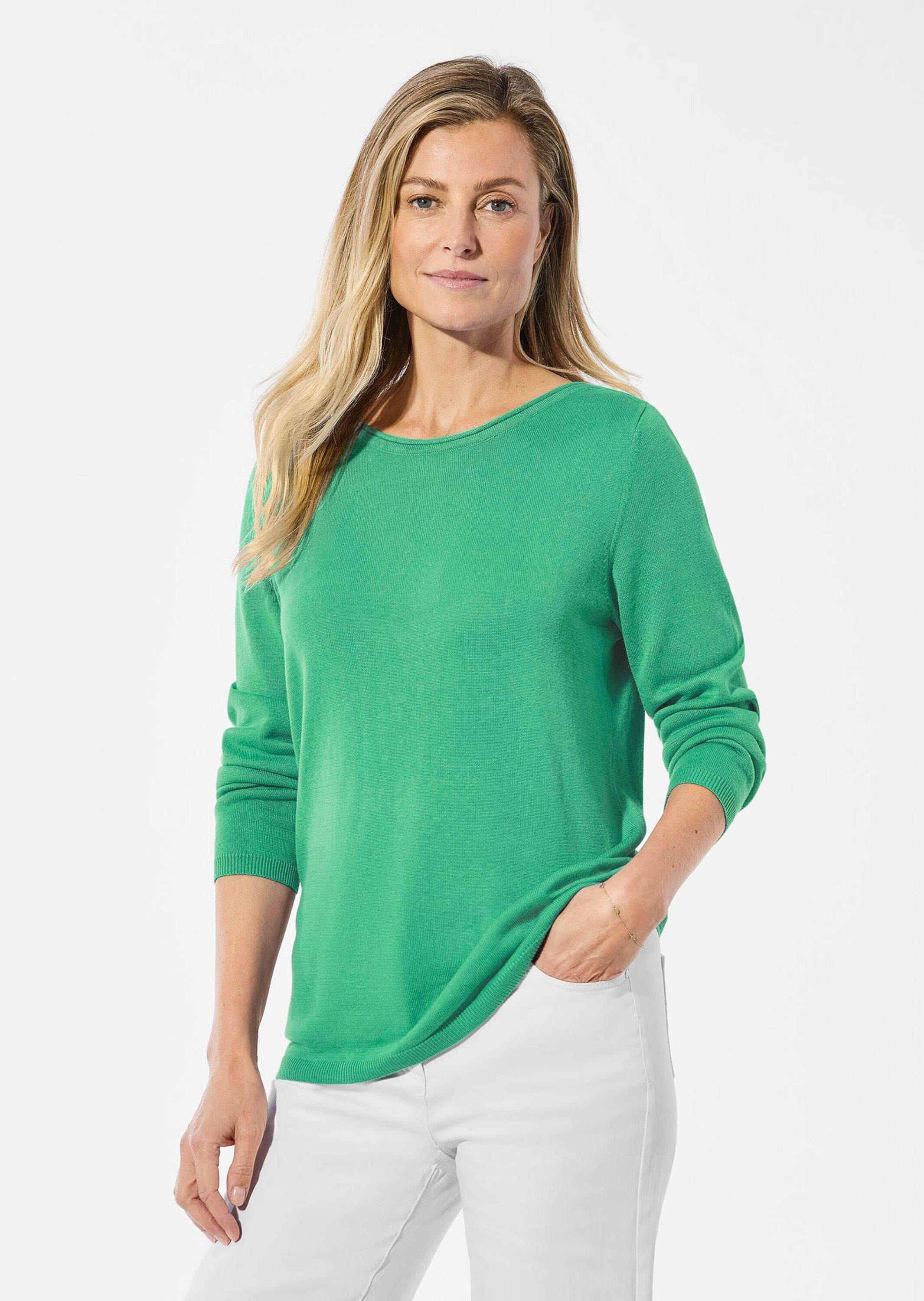 GOLDNER Strickpullover »Kurzgröße Pullover mit U-Boot-Ausschnitt aus Baumwoll-Viskose-Mix«