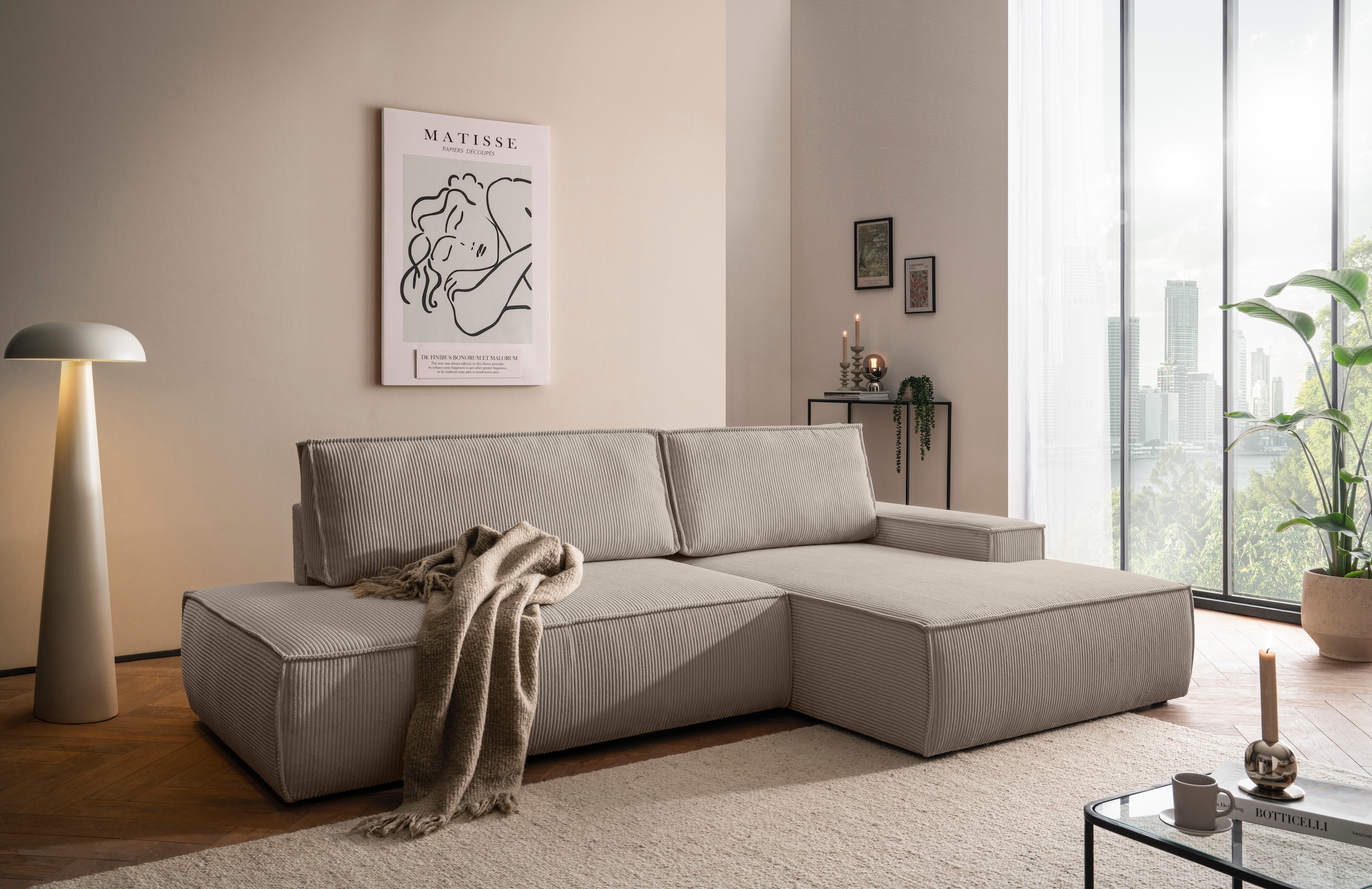 Home affaire Ecksofa »SHERWOOD, Schlafsofa in L-Form offen (275cm), Cord, Leinenoptik«, Schlaffunktion und Bettkasten, Kedernaht, hoher Sitz- & Liegekomfort