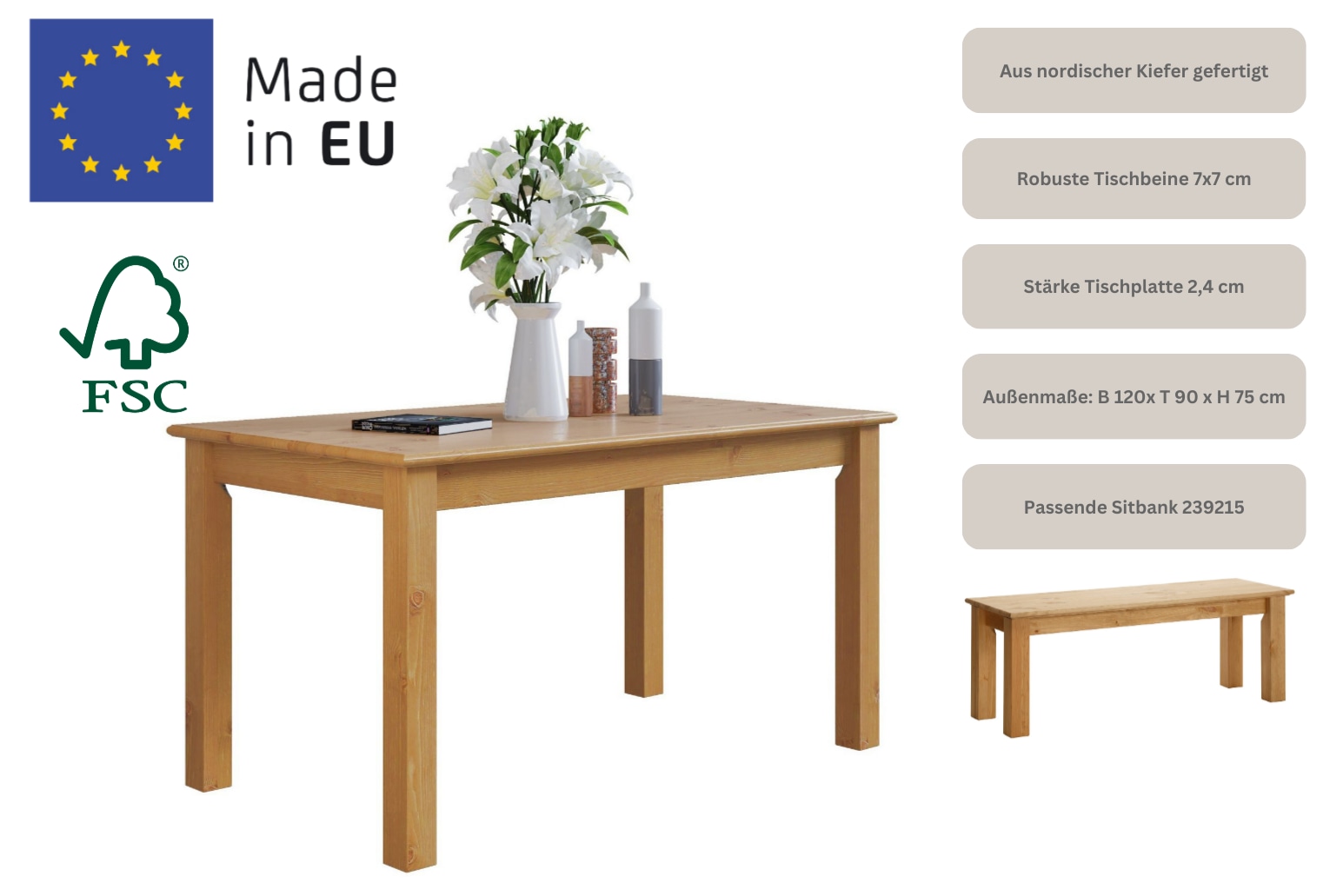 Home affaire Esstisch »Konrad« aus FSC®-zertifizierter Kiefer, in Breiten  120/140/160 cm