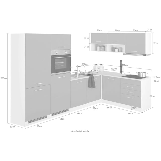 HELD MÖBEL Winkelküche »Visby«, mit E-Geräte, 300x180 cm, inkl.  Kühl/Gefrierkombi und Geschirrspüler bei OTTO