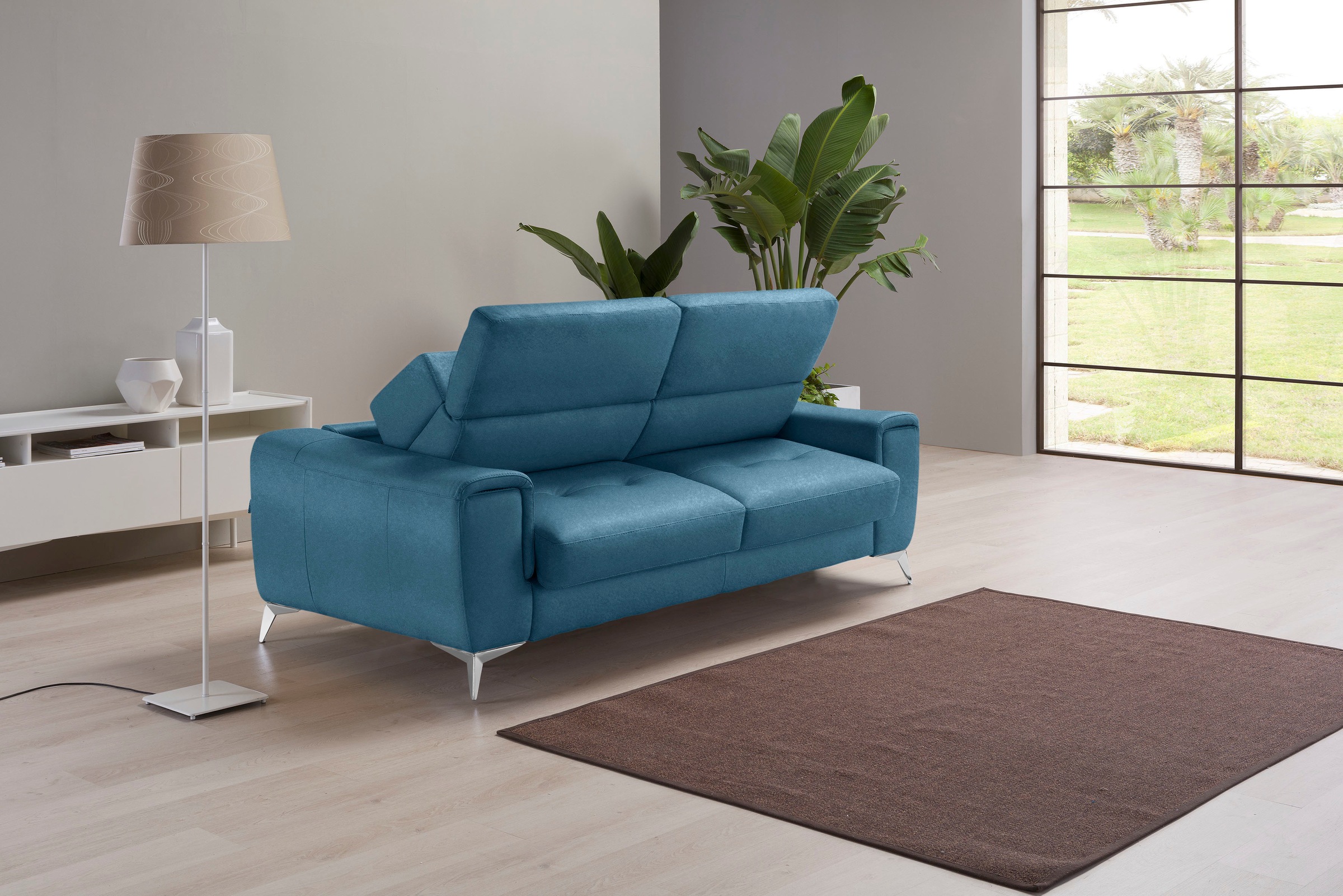 Egoitaliano Schlafsofa »Francine Designsofa, Loungesofa mit Dauerschlaffunktion, Breite 233 cm«, Bettfunktion, Luxus-Microfaser Lederoptik, ozeanblau, Fußfarbe chrom