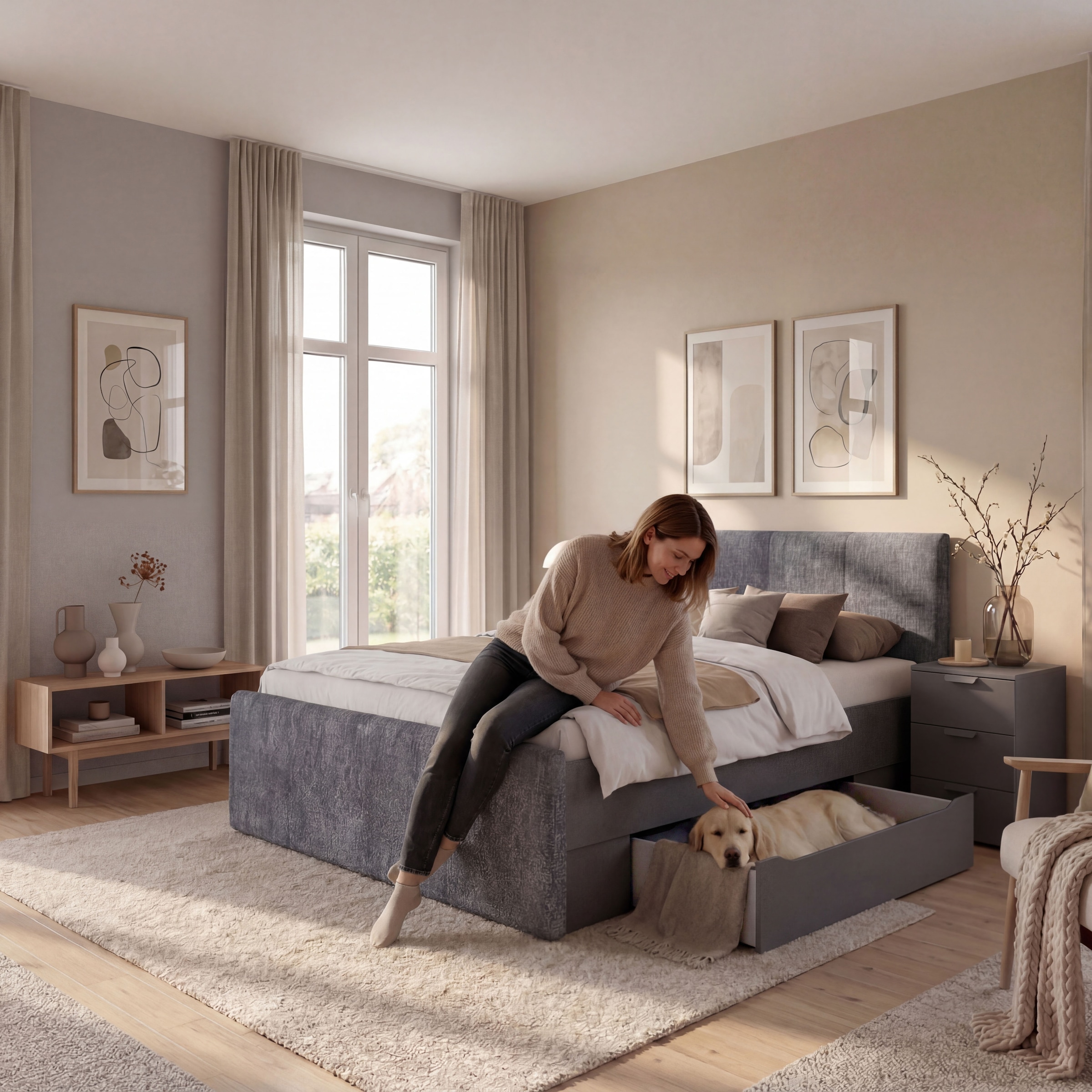 OTTO home Bett »Doppelbett Polsterbett Stauraumbett AGORDO« 180x200 cm, Kopf- und Fußteil aus Cordstoff oder Webstoff,  praktische Bettschubkästen für zusätzlichen Stauraum MADE IN GERMANY