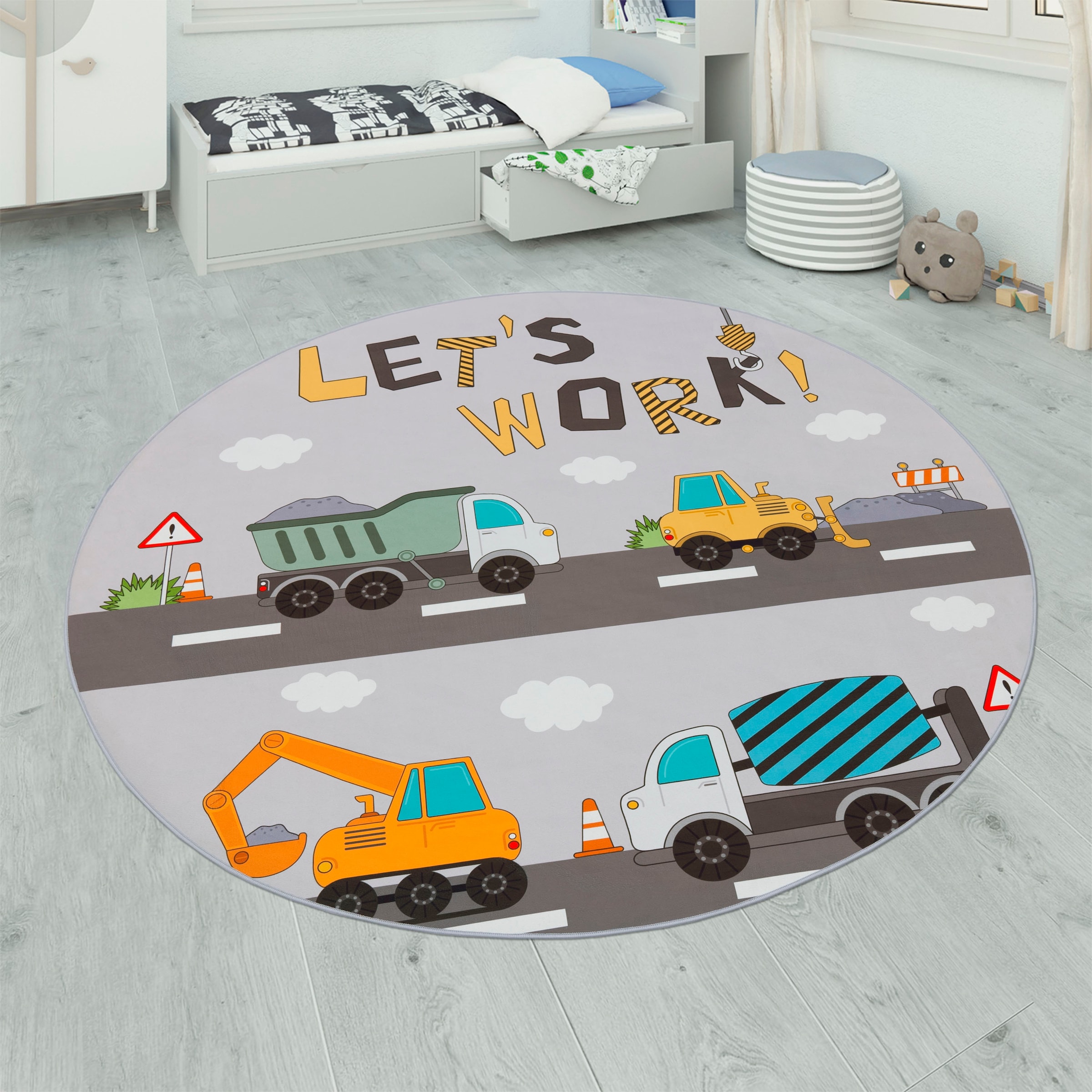 Kinderteppich »Bino 578«, rund, Spielteppich, Motiv Autos & Baustelle, Kinderzimmer