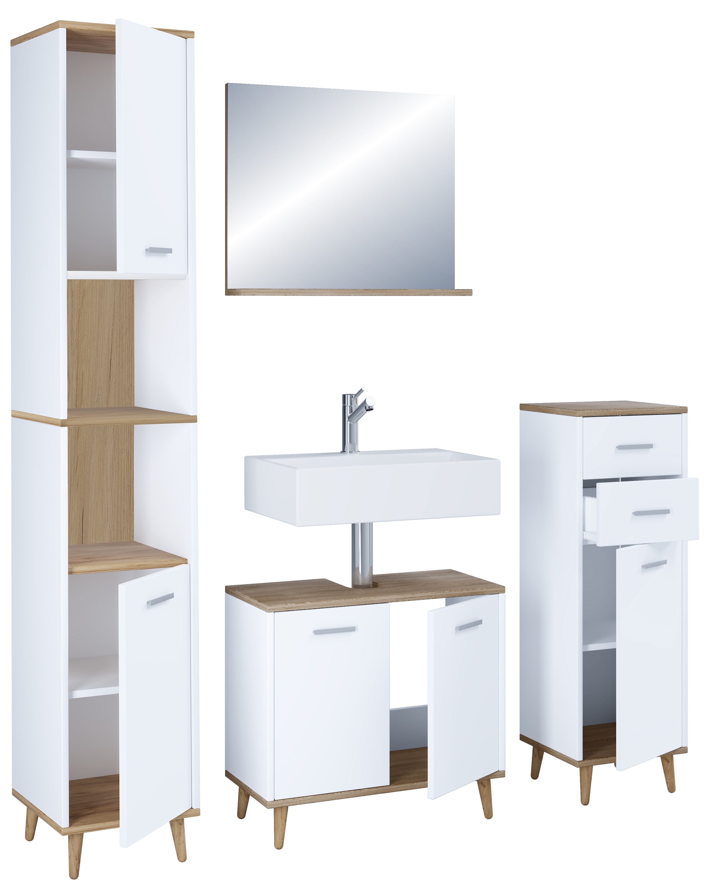 VCM Waschbeckenunterschrank »VCM 4-tlg. Badmöbelset | Badmöbel | Set aus Unterschrank, Midischrank, Hochschrank und Spiegel | Badezimmermöbel - Landos«, (4 St.)