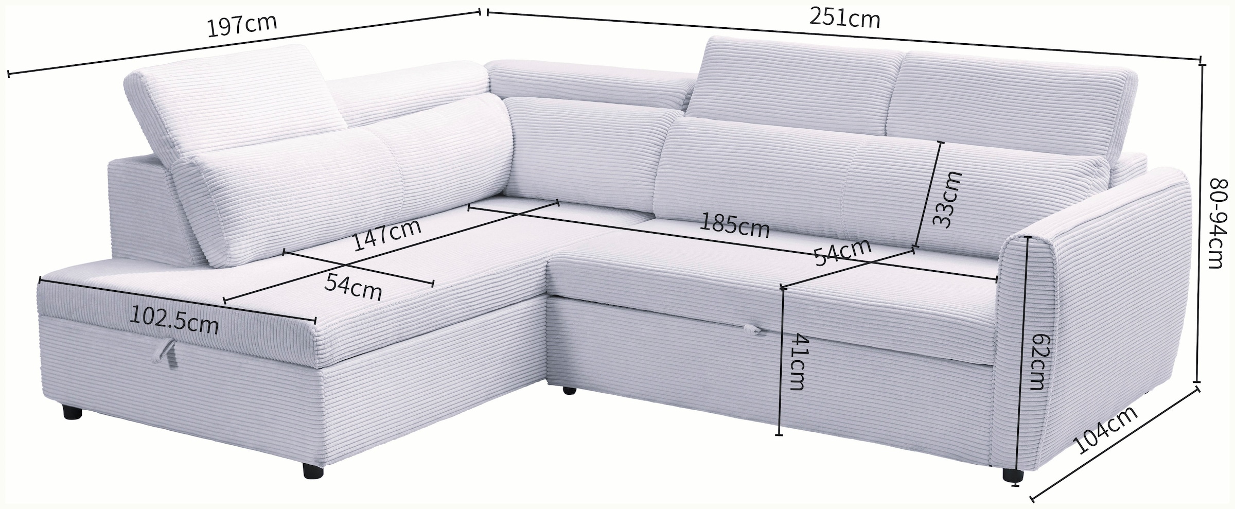 OTTO home Schlafsofa »KALLEA, Ecksofa, L-Form (251cm), Cord u. Webstoff« mit Bettfunktion & Bettkasten, verstellbare Kopfstützen