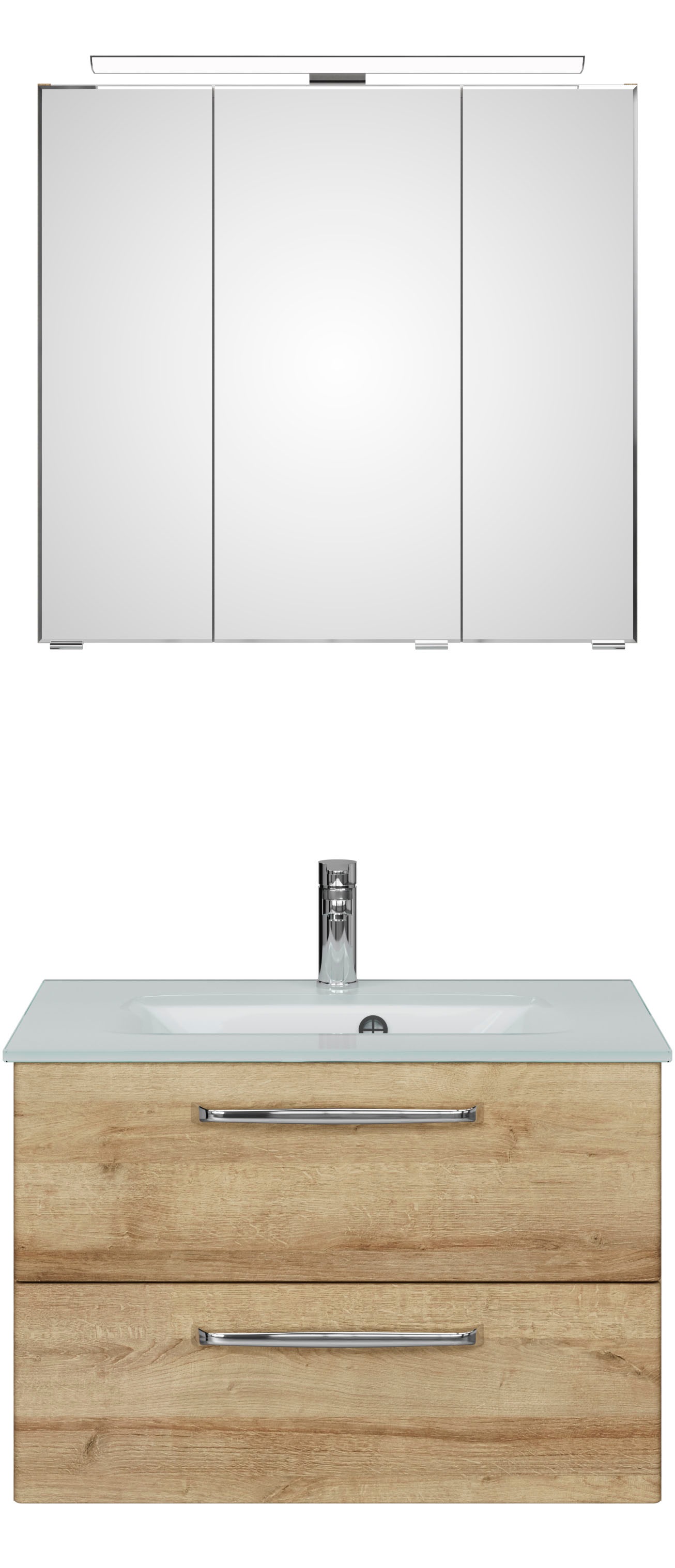 Saphir Badmöbel-Set »Trentino 2-teilig Glas-Waschtisch, Spiegelschrank mit LED-Leuchte«, (3 St.), Badmöbel-Set 77cm breit, inkl. Türdämpfer, 3 Türen, 2 Auszügen