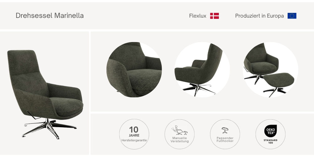 FLEXLUX Drehsessel »Marinella, Relaxsessel, TV-Loungesessel, Polstersessel,«, Liegefunktion, drehbar, Fuß schwarz