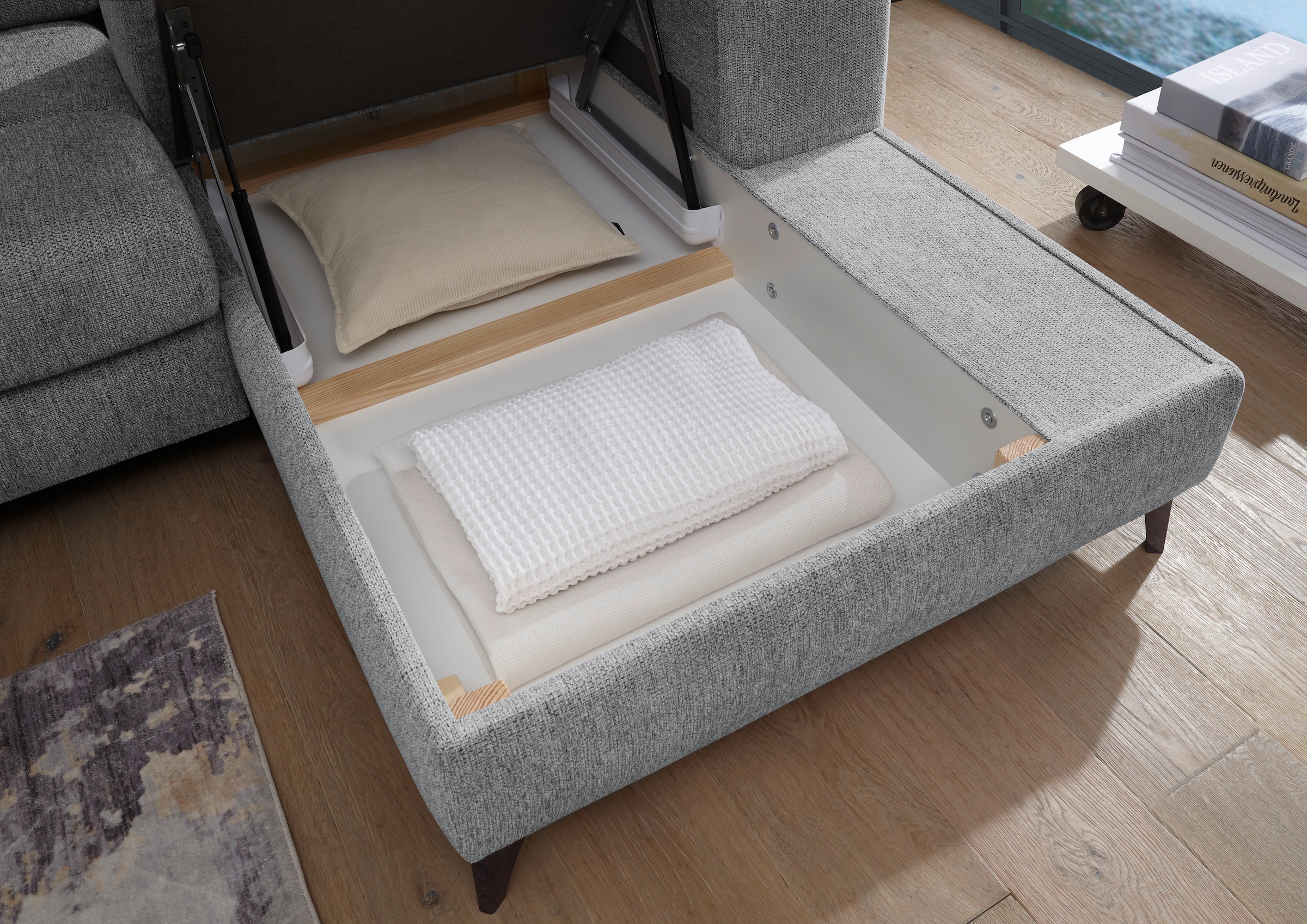 ED EXCITING DESIGN Ecksofa »Sydney L-Form mit Bettfunktion, Bettkasten, Kopfteilverstellung« motorischer Sitztiefenverstellung, USB-Port & 2 Zierkissen