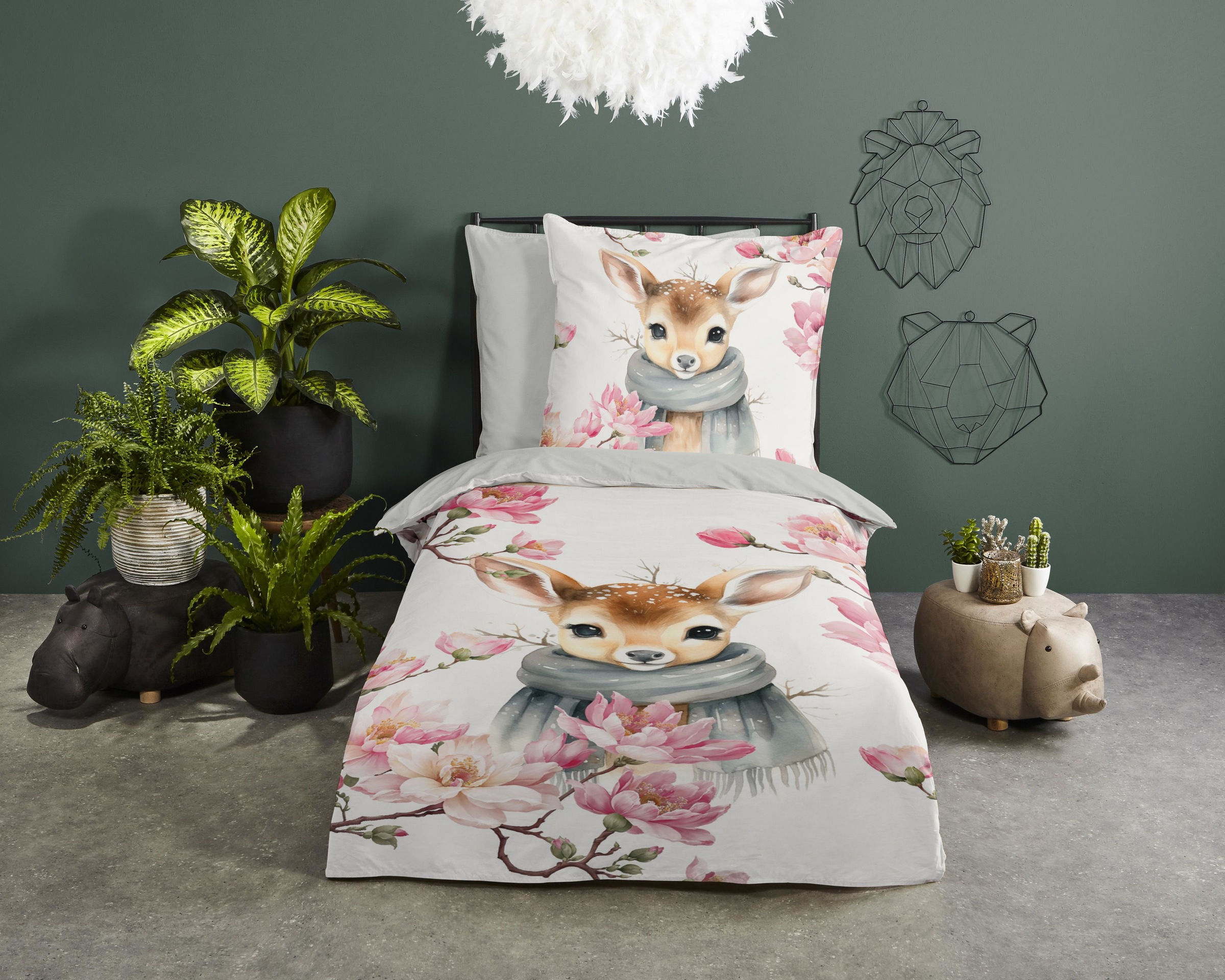 good morning Kinderbettwäsche »Leone«, Baumwolle, 135x200, Wendeoptik, Kind, Mädchen, Hirsch, Winter, Weiß