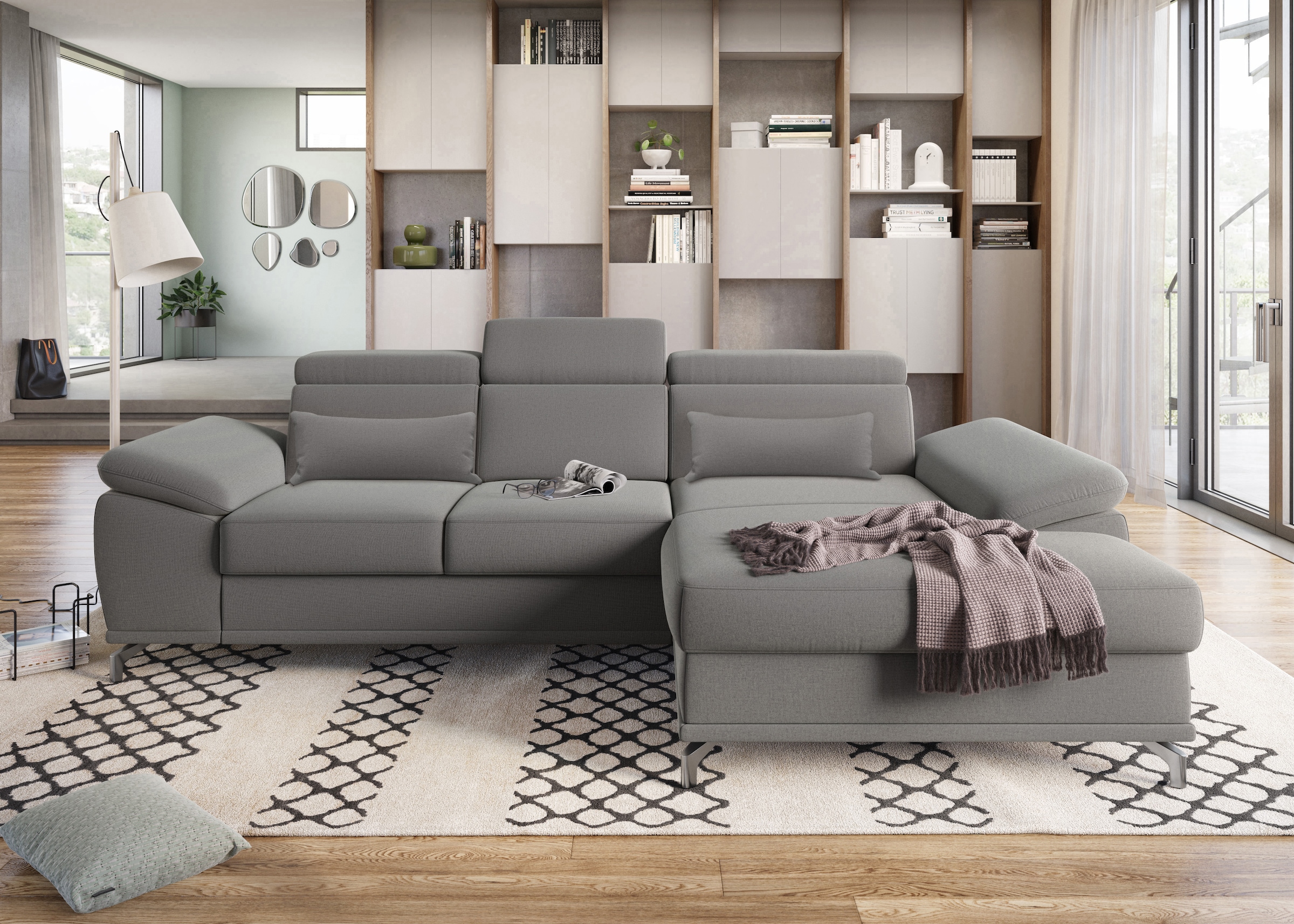 sit&more Ecksofa »Cabrio L-Form, mit Sitztiefenverstellung, Arm- und Kopfteilverstellung«, 2 Nierenkissen, Federkern, optional Bettfunktion und Stauraum