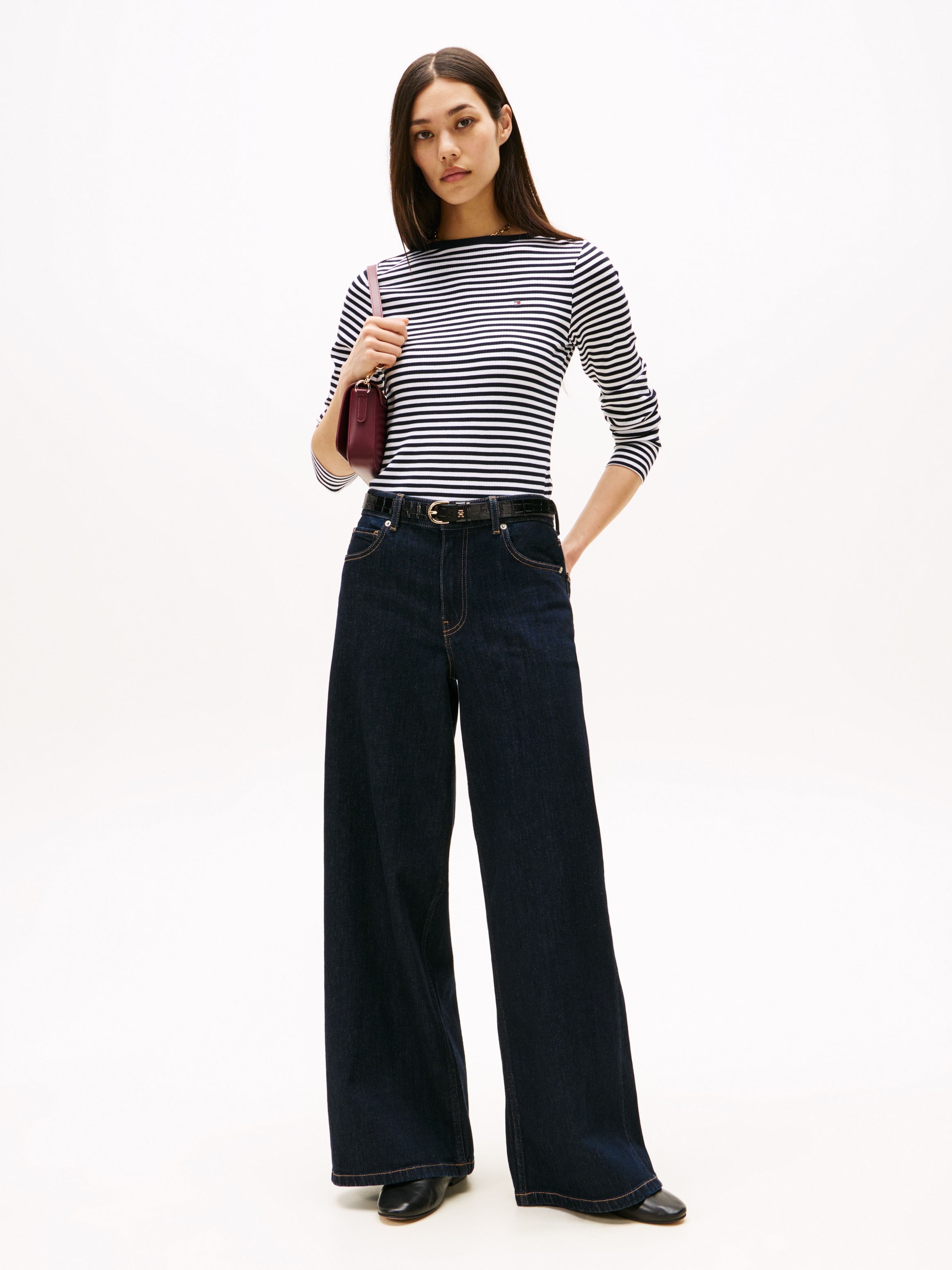 Tommy Hilfiger Langarmshirt »SLIM 5X2 RIB BOAT-NK LS mit U-Boot Ausschnitt und Rippstruktur«, unifarben, casual, slim fit, Viskosemix, U-Boot-Ausschnitt