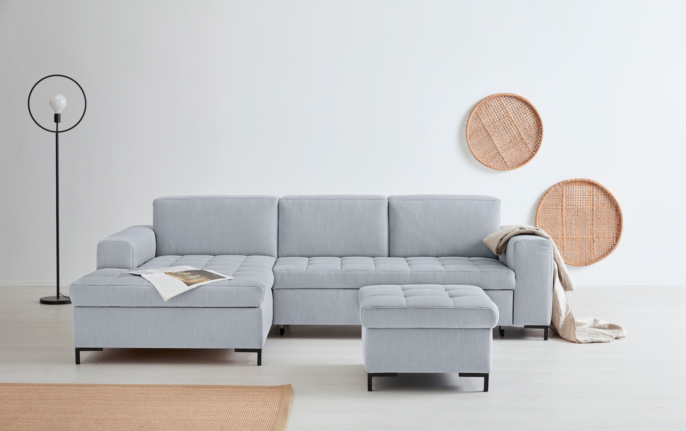 OTTO products Ecksofa »Grazzo, zeitlos und elegant, mit moderner Sitzheftung, L-Form«, hochwertige Stoffe aus recyceltem Material, Steppung im Sitzbereich