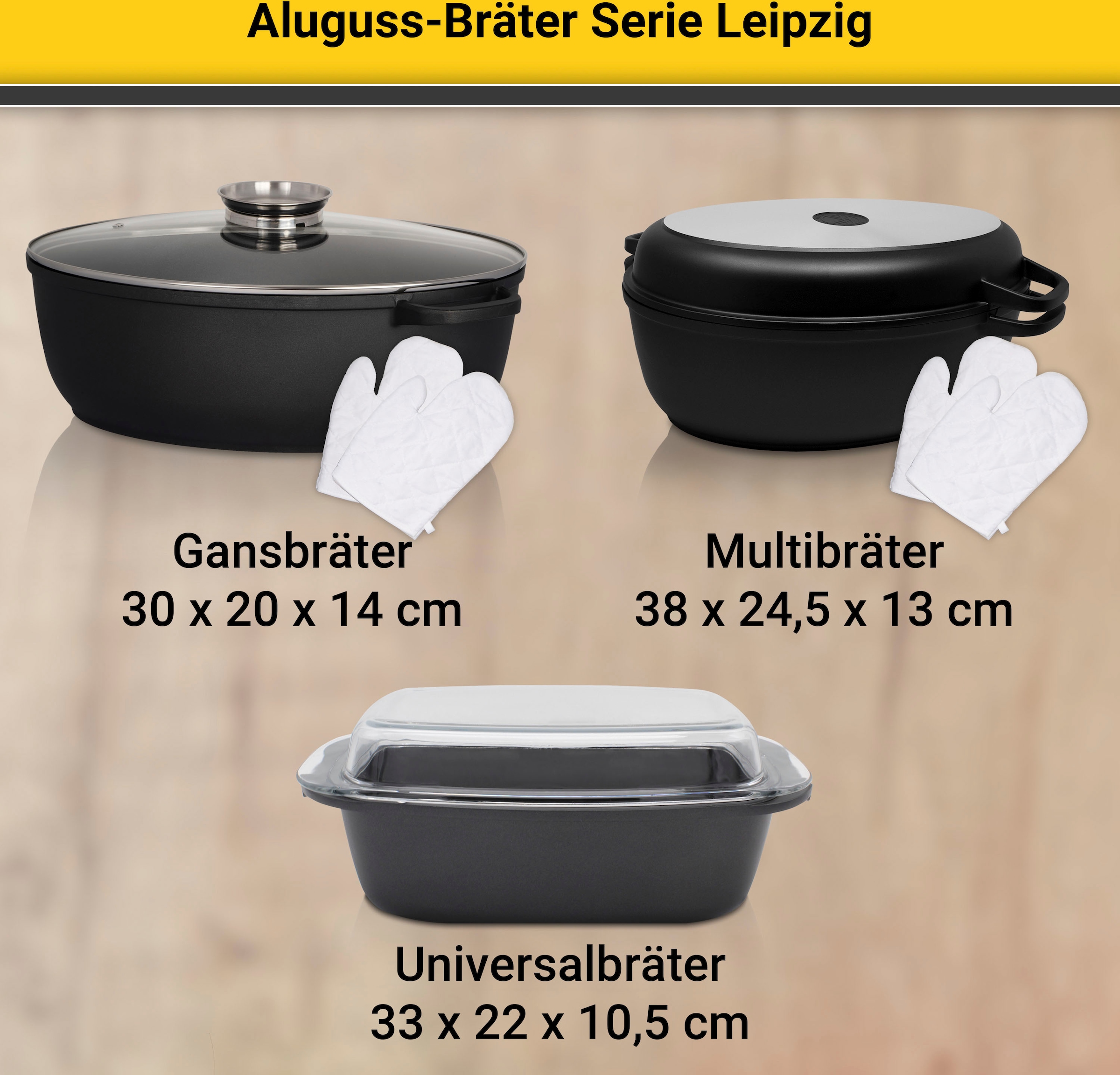 Krüger Bräter »Aluguss Universalbräter mit Glasdeckel LEIPZIG, 33 x 22 x 10,5 cm«, Aluminiumguss, (1 tlg.), hochwertige Antihaft-Versiegelung