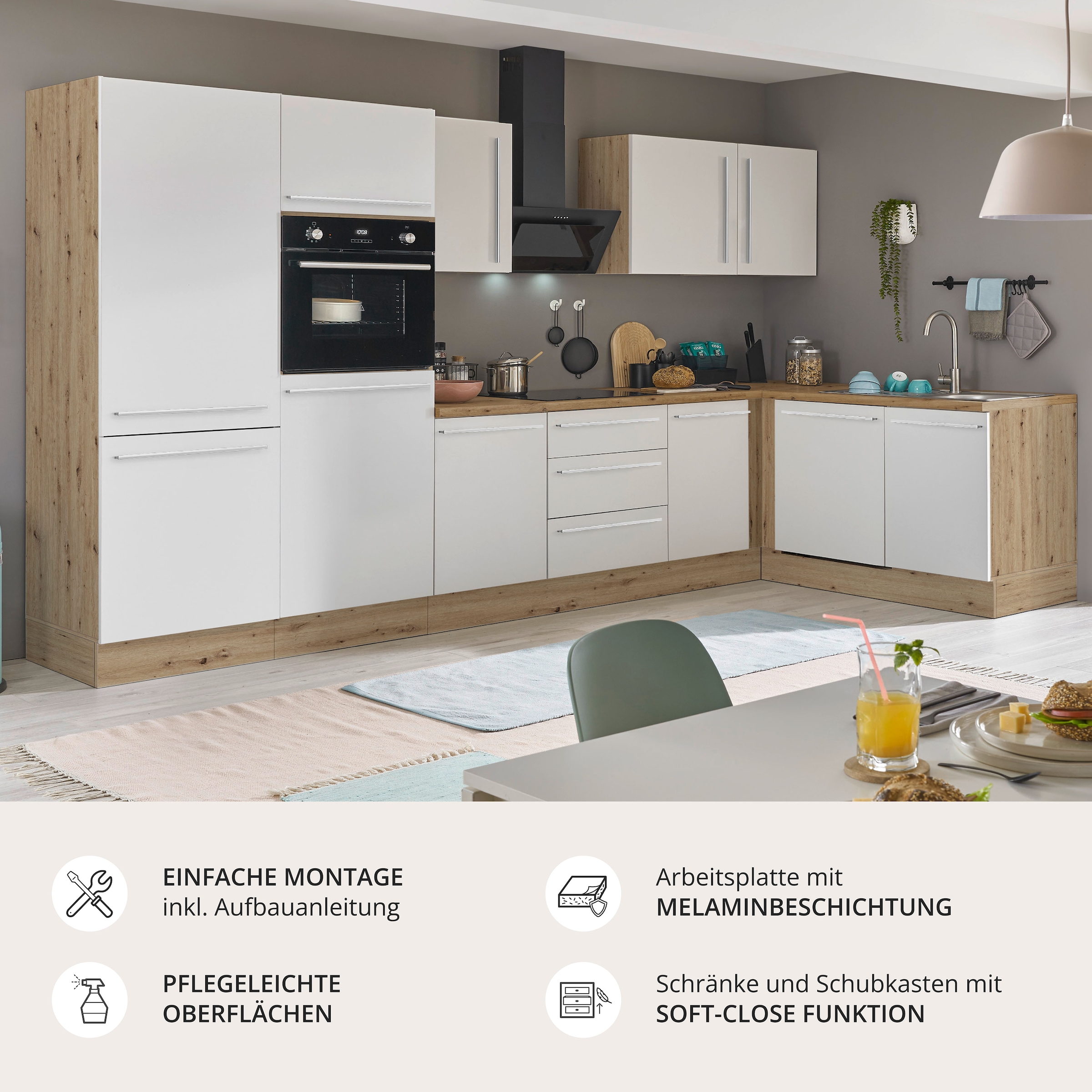 KOCHSTATION Winkelküche »Florida, Stellbreite 340x175 cm« wahlweise mit E-Geräten, mit Softclose für Türen und Schubkästen