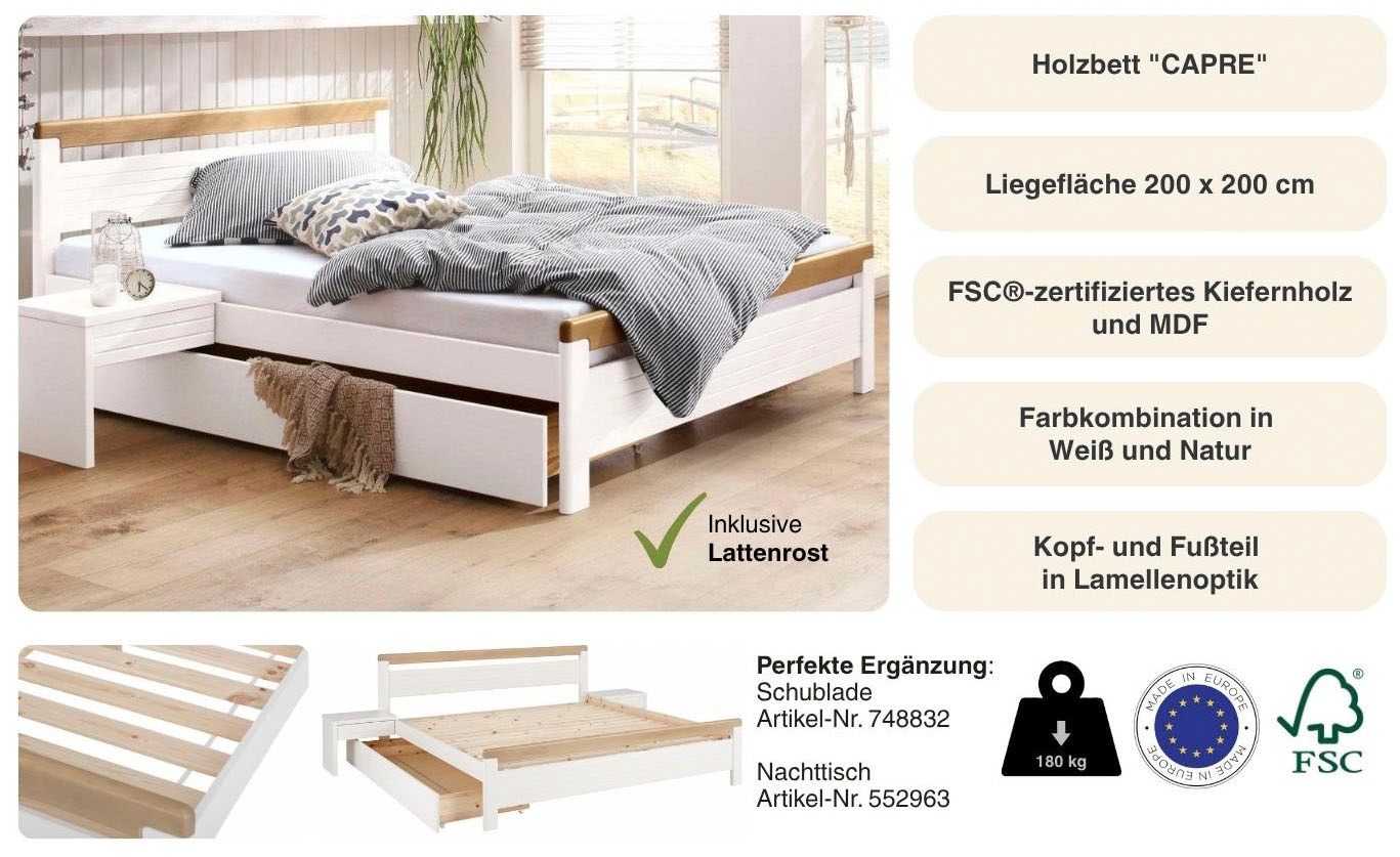 OTTO home Massivholzbett »"CAPRE" im skandinavischem Landhausstil« mit Rollrost, aus zertifiziertem Massivholz, Lamellenoptik