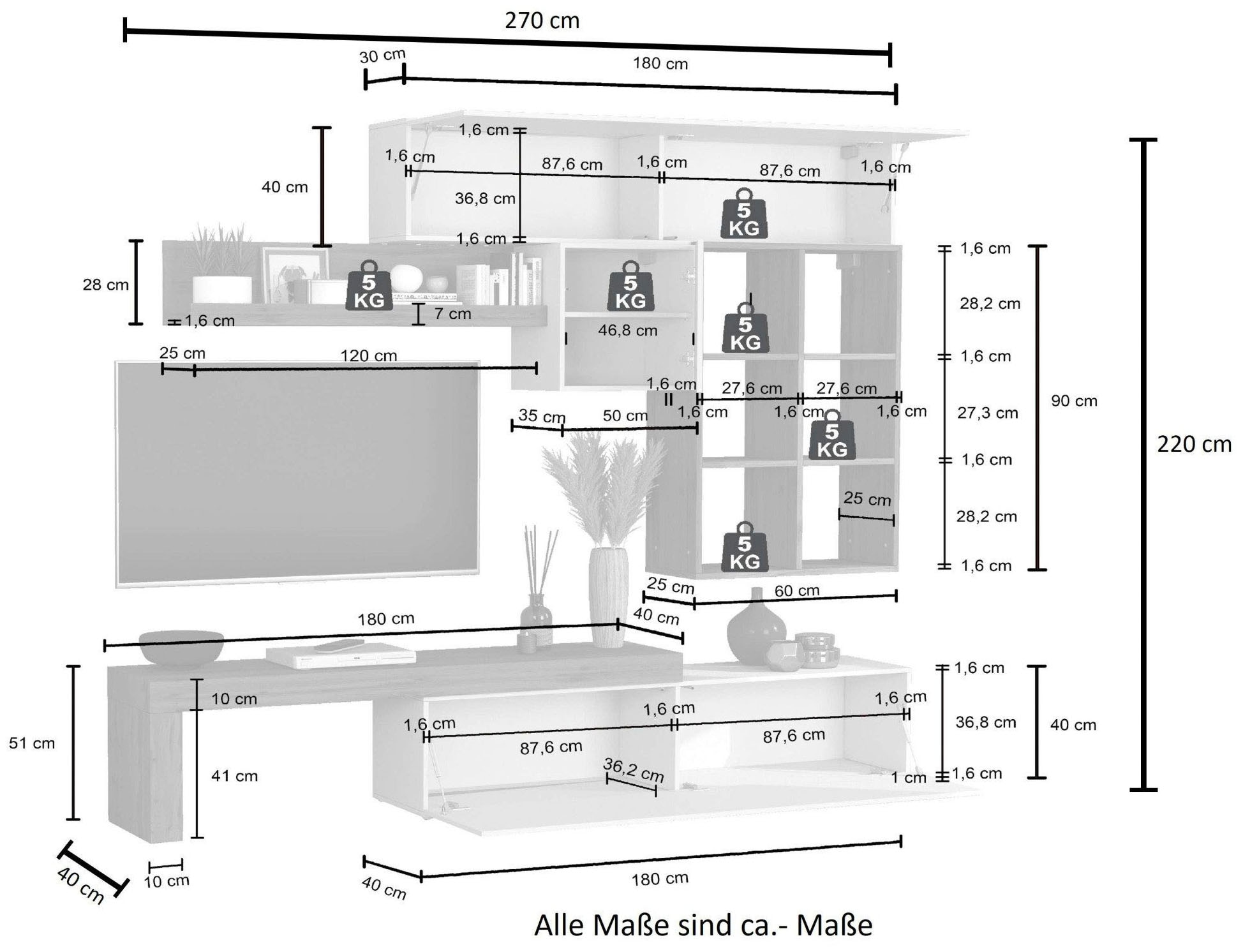 INOSIGN Wohnwand »Chronos Wohnwand, Medienwand, 5-er set« 5 Stk. tlg.
