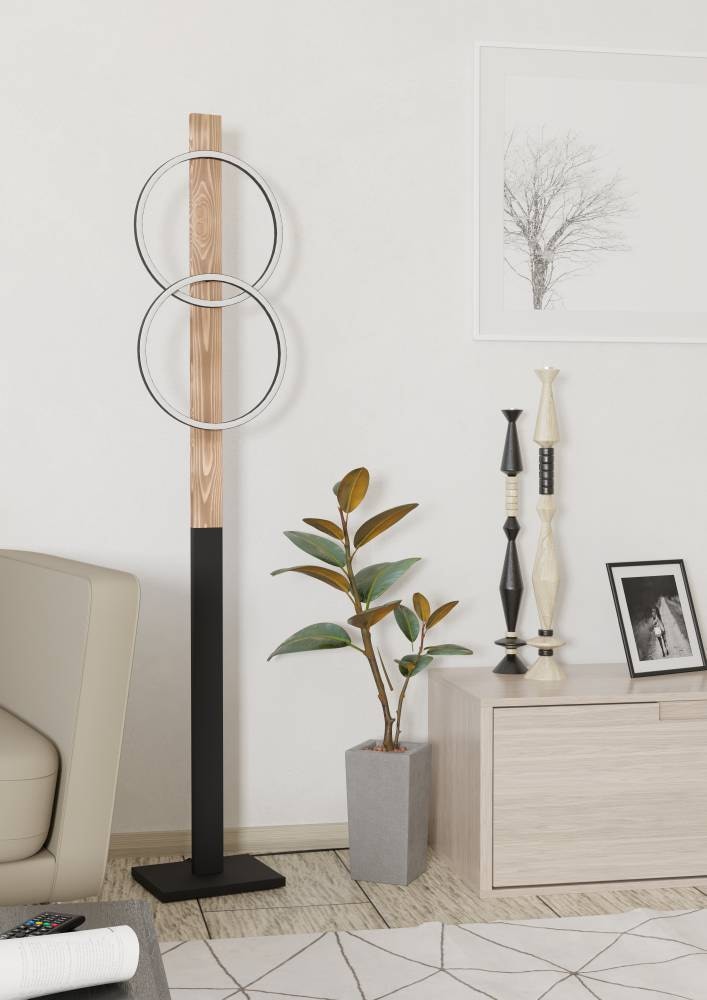 EGLO Stehlampe »BOYAL«, 2 flammig, Leuchtmittel LED-Modul | LED fest integriert, Standleuchte, geflammtes Holz, schwarzes Metall, Stehleuchte, 150cm