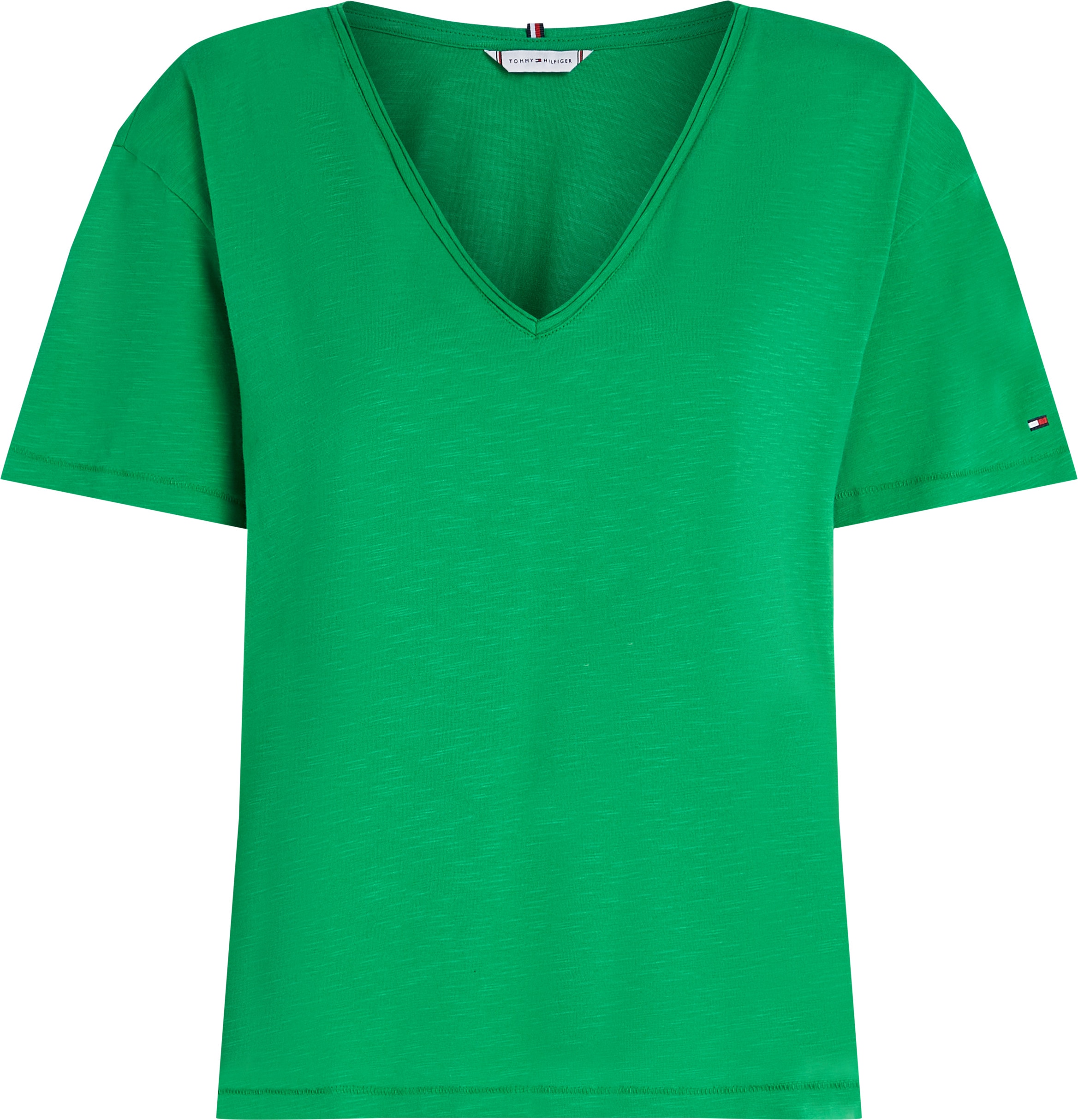 Tommy Hilfiger T-Shirt »SLUB CROP V-NK SS«, mit offener Kante, mit Logostickerei