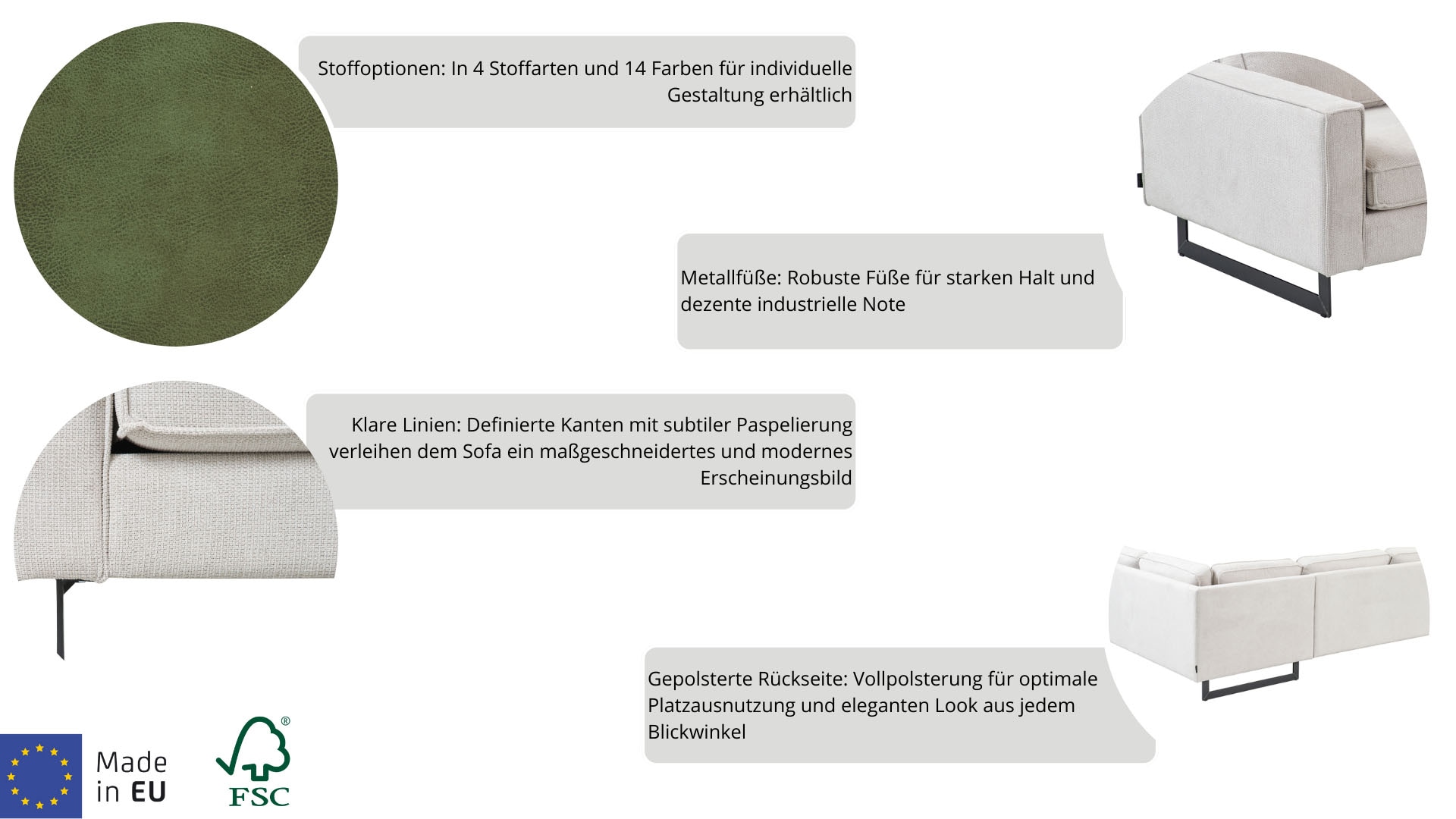 Places of Style Ecksofa »Pinto, 290 cm, Cord, Chenille, Lederoptik, Ottomane links / rechts«, mit Keder, schwarze Metallfüße, Wellenunterfederung