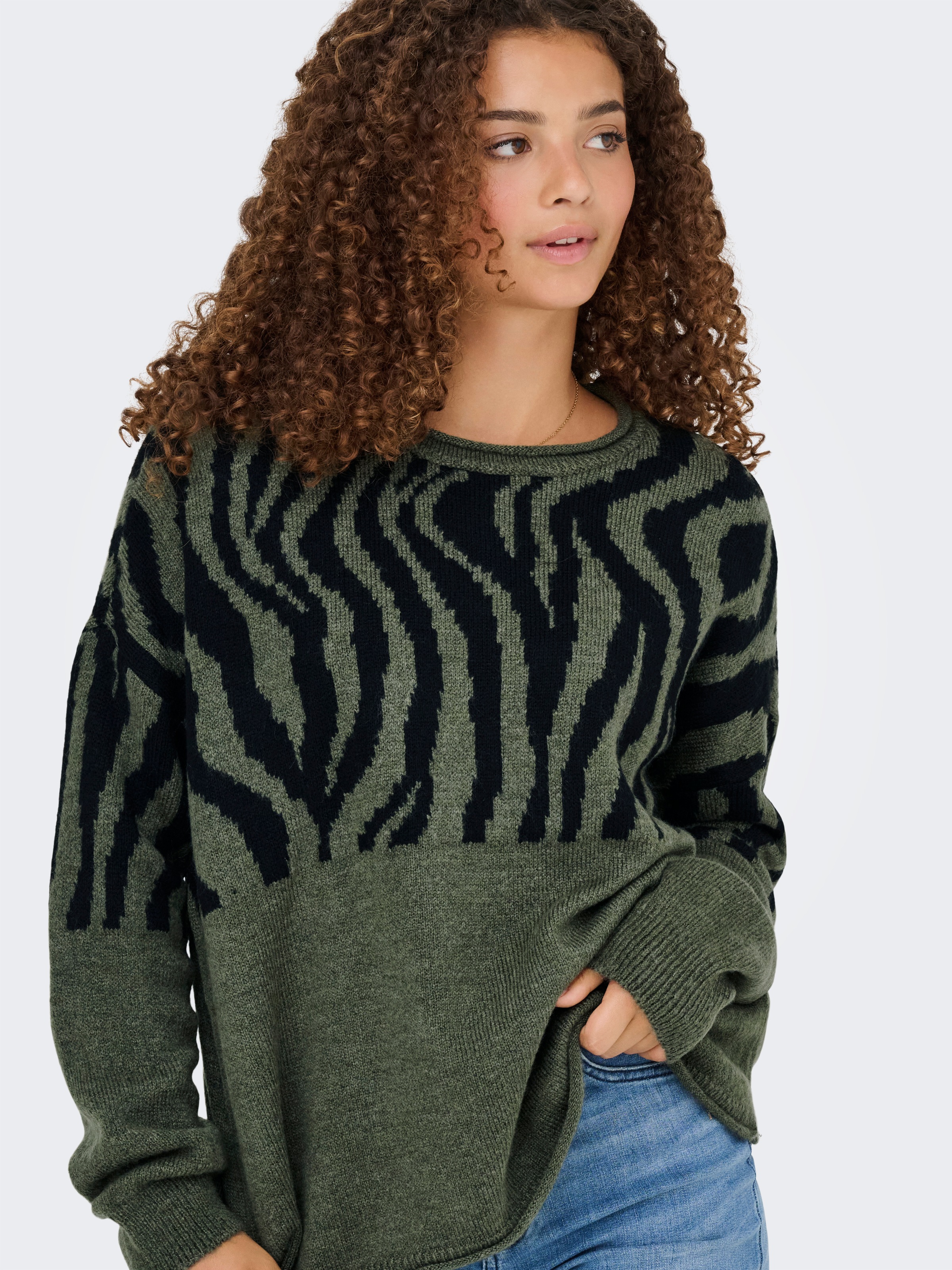 ONLY Rundhalspullover »ONLJADE ANIMAL LS O-NECK NOOS KNT« Kunstfaser, regular fit