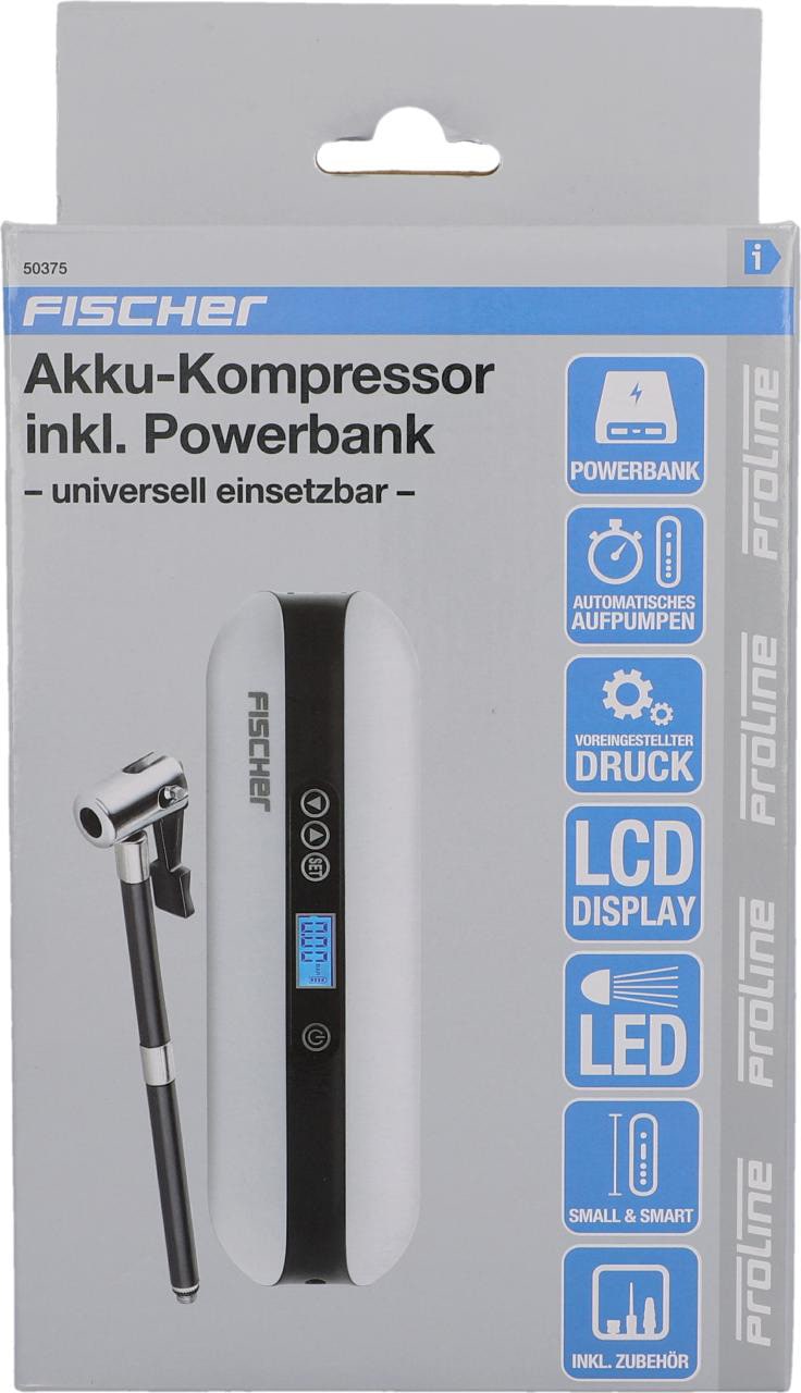 FISCHER Akku-Kompressor mit Powerbank und LED-Taschenlampe