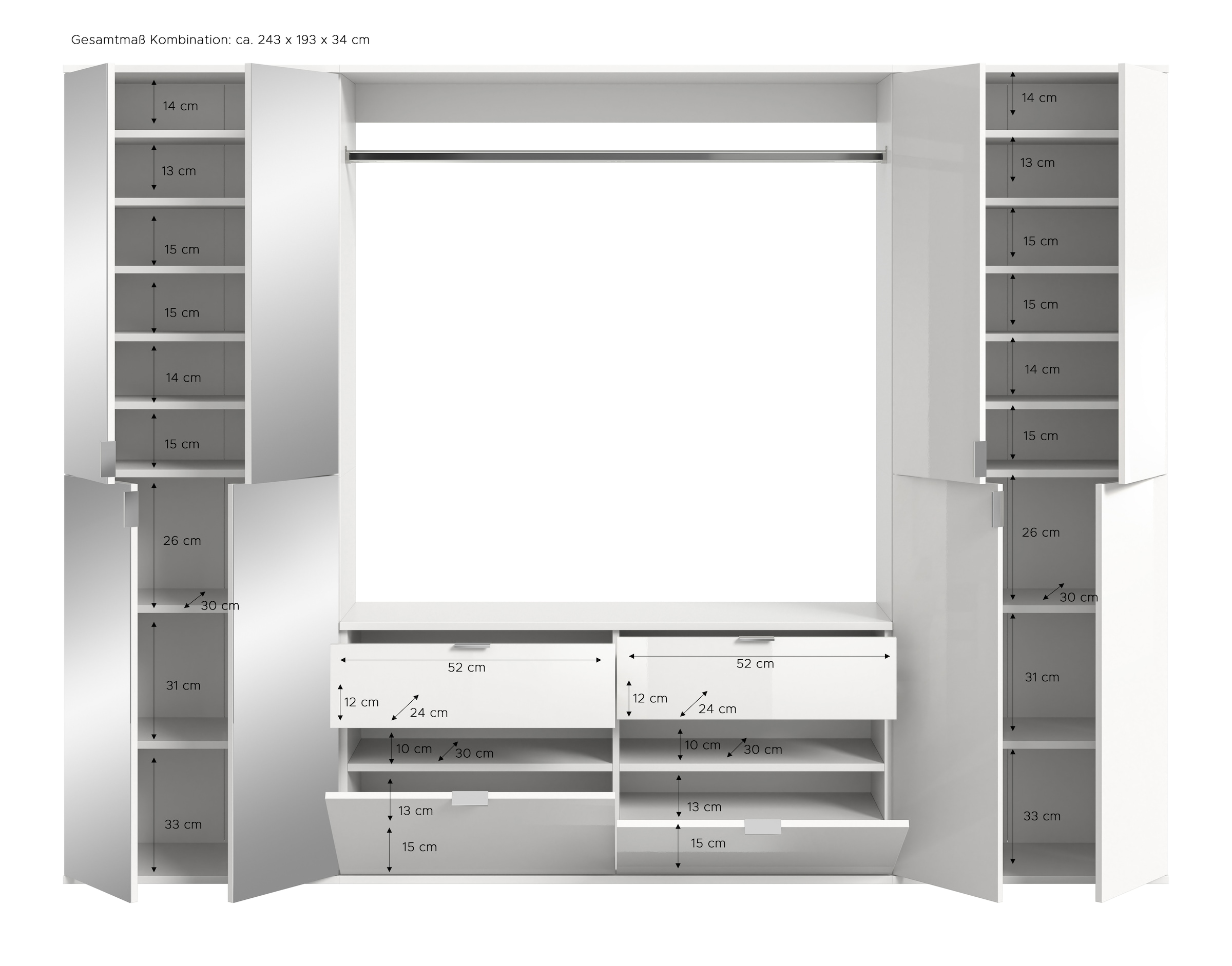 INOSIGN Garderoben-Set »Trondheim, Breite 243 cm, 5-teilig, bestehend aus:«, (Set, 4 St.), 2x Garderobenschrank, 1 Kommode, 1 Garderobenstange, 1 Ablageboden