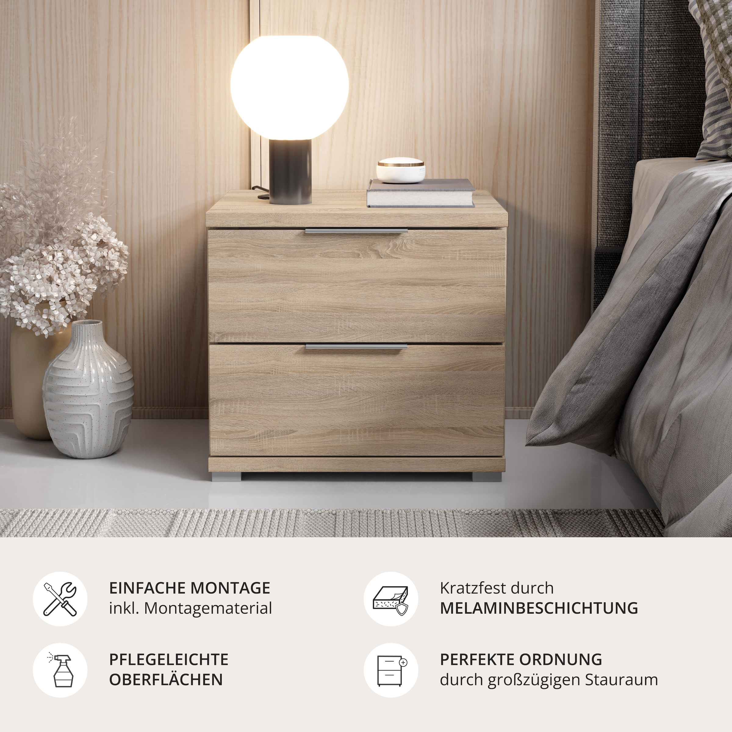 Schlafkontor »Smilla Nachttisch, Nachtkonsole mit Schubkästen« Korpus melaminbeschichtet, silberfarbige oder schwarze Griffe