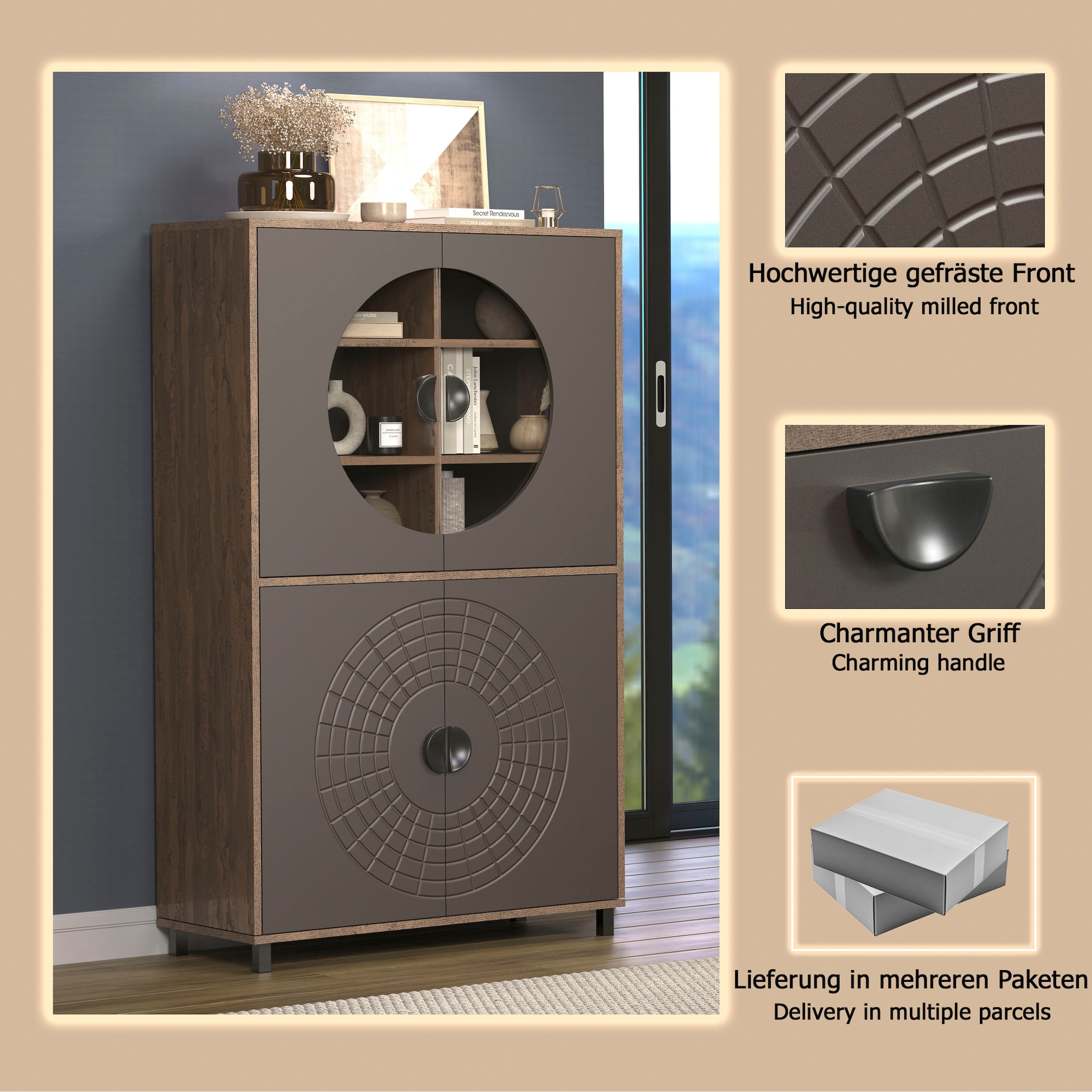INOSIGN Hochkommode »Fusion« 1 Stk. tlg. Vitrine mit besonderem Kreismuster - Hochzeitsschrank in Vintageoptik