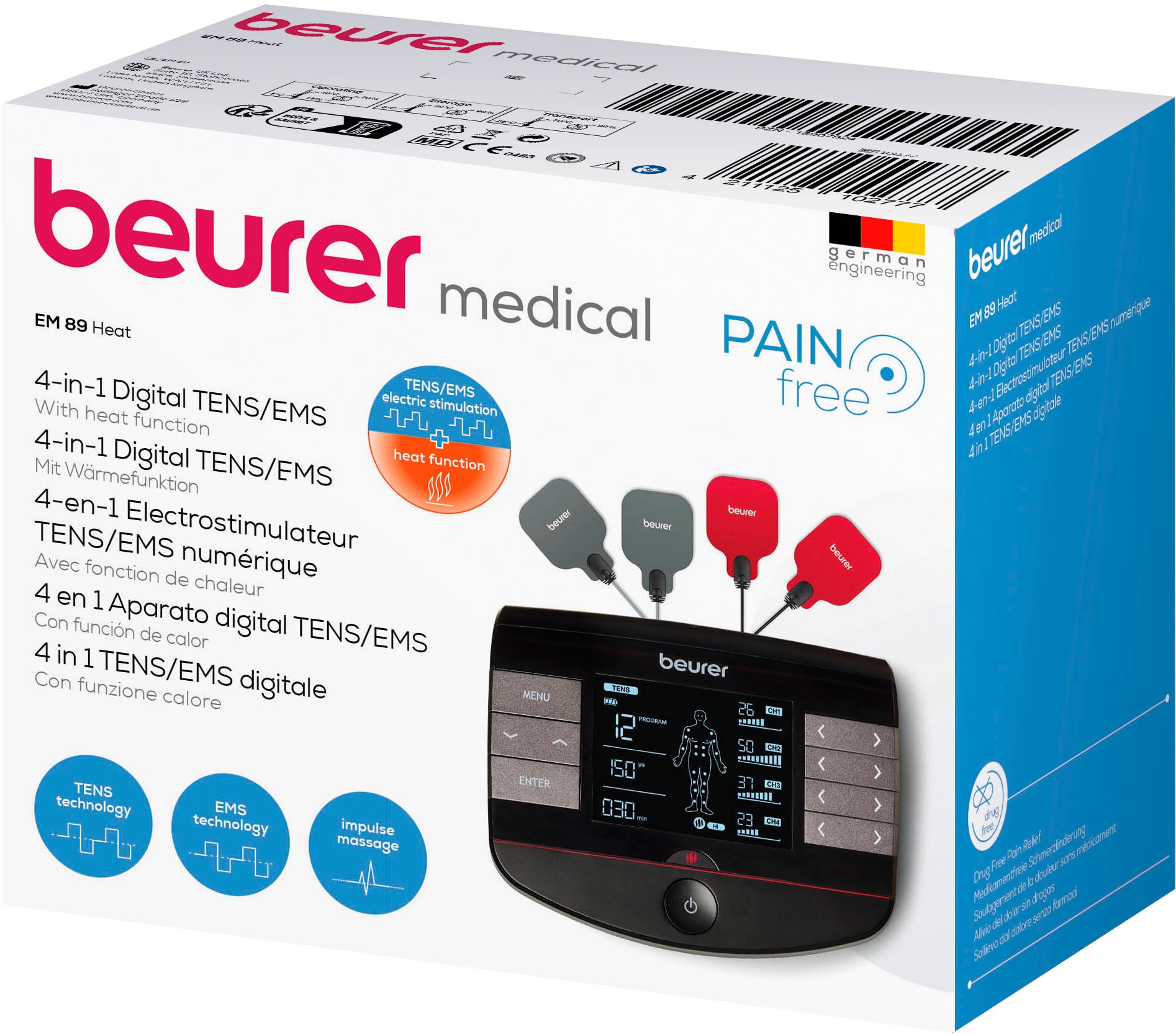 BEURER TENS-EMS-Gerät »EM 89 Digital TENS/EMS Heat«, (Inkl. 8 selbsthaftenden Gel-Pads)