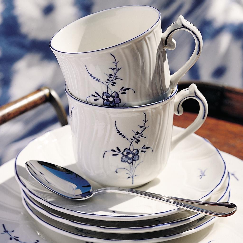 Villeroy & Boch Tasse »Frühstückstassen mit Untertassen Vieux Luxembourg 240 ml 6er Set weiß-blau« Spülmaschinengeeignet, Mikrowellengeeignet