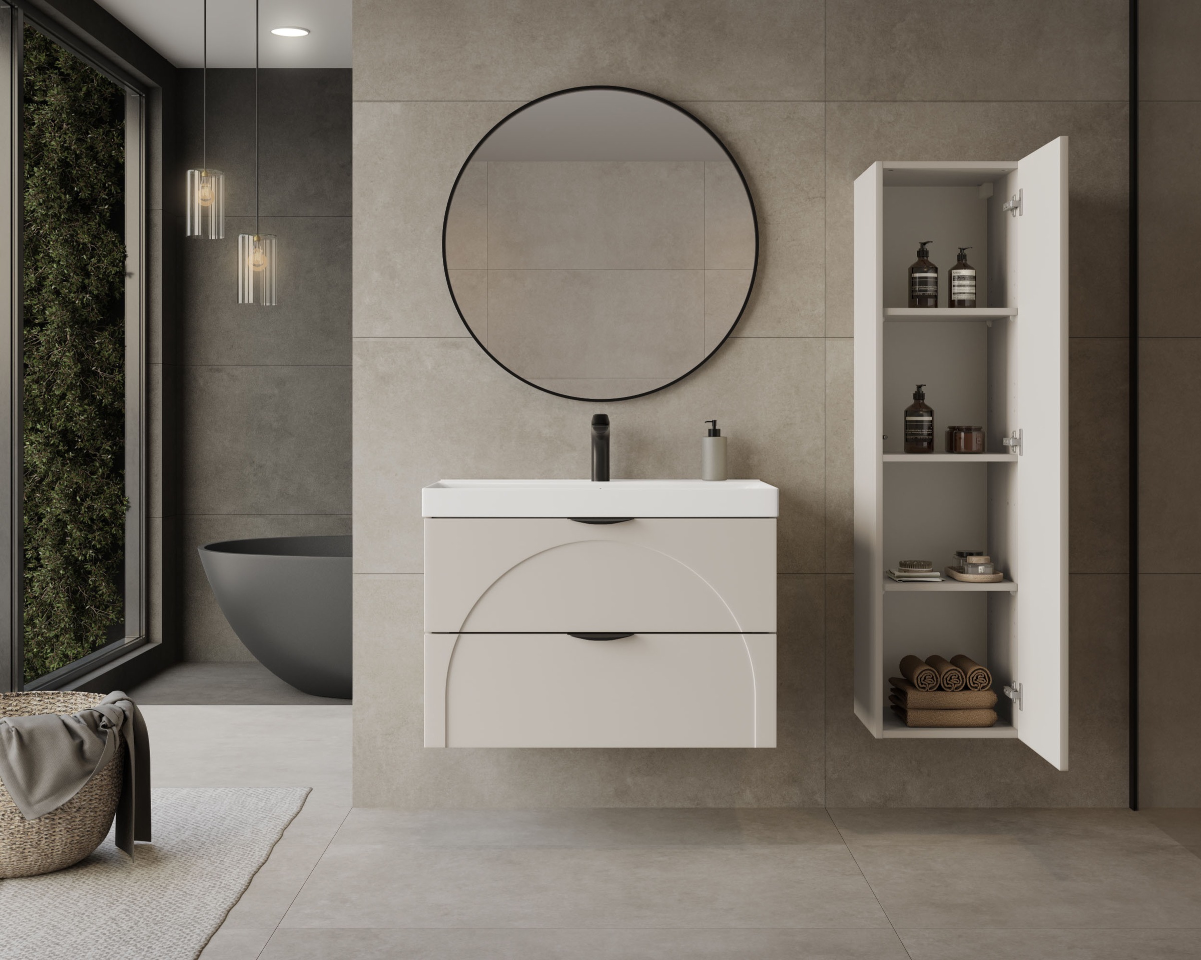 welltime Hängeschrank »FLOW CIRCLE rechts/links montierbar, Breite 35 cm, modernes Design« Schrank mit 3 Einlegeböden, Push-to-open-Function