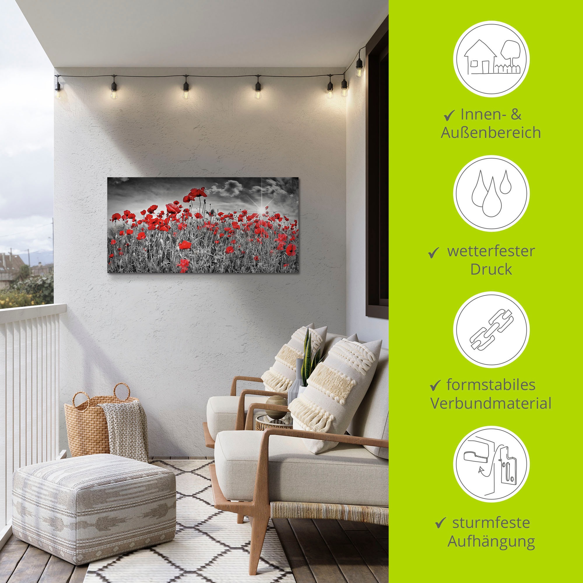Artland Wandbild »Idyllisches Mohnblumenfeld mit Sonne«, Blumen, (1 St.), als Alubild, Outdoorbild, Leinwandbild, Poster, Wandaufkleber