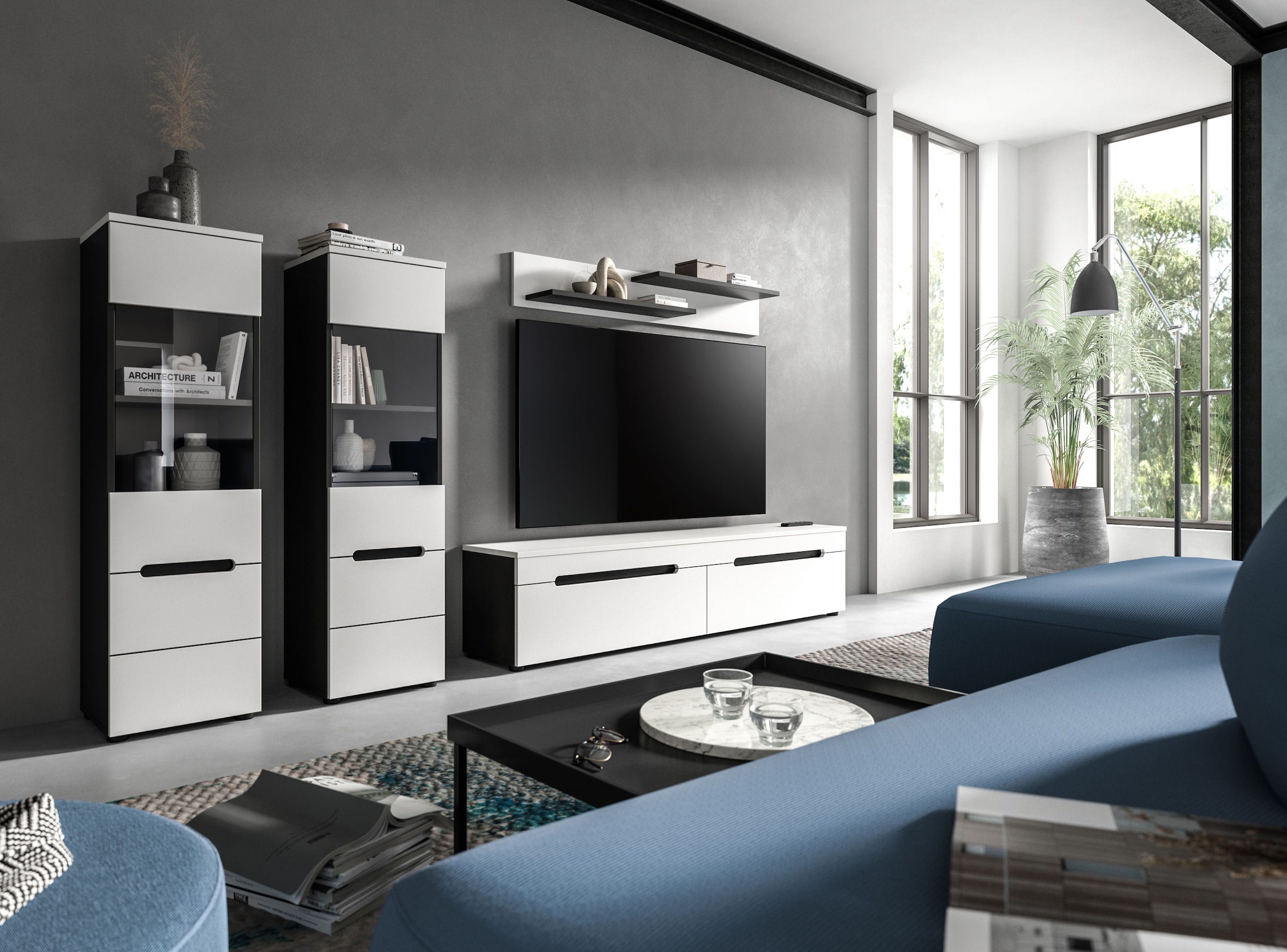 Home affaire Wohnwand »REHAT, TOPSELLER!, 4-teilig, wahlweise stehend und hängend montierbar« Set bestehend aus: 2x Vitrine, Lowboard und Wandboard, 3 Stk. tlg.