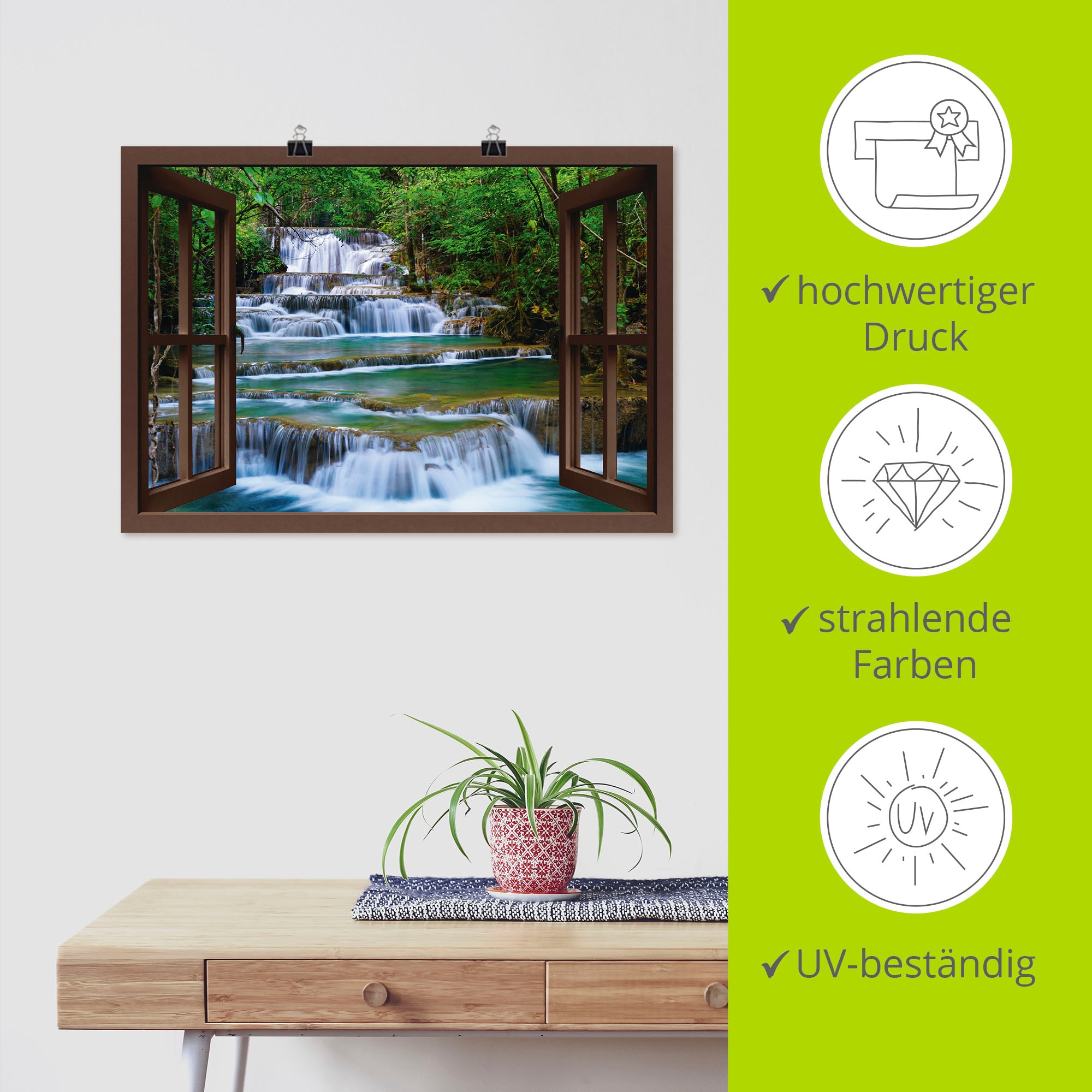 Artland Wandbild »Fensterblick Wasserfall in Kanchanaburi«, Fensterblick, (1 St.), als Leinwandbild, Poster, Wandaufkleber in verschied. Größen