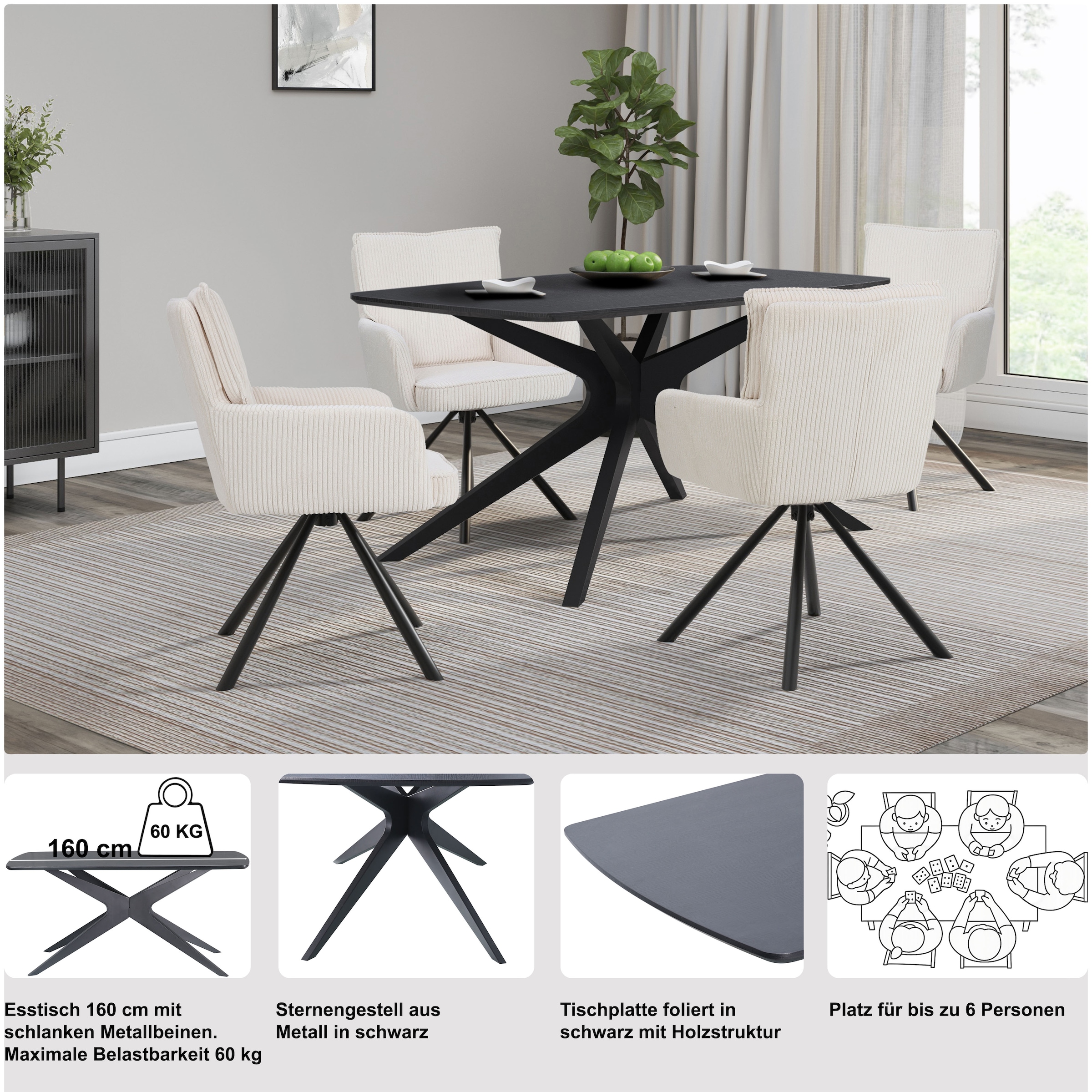 OTTO home Esstisch »Dakona« Tischplatte mit Holzstruktur, schwarze Metallbeine, Höhe 76 cm