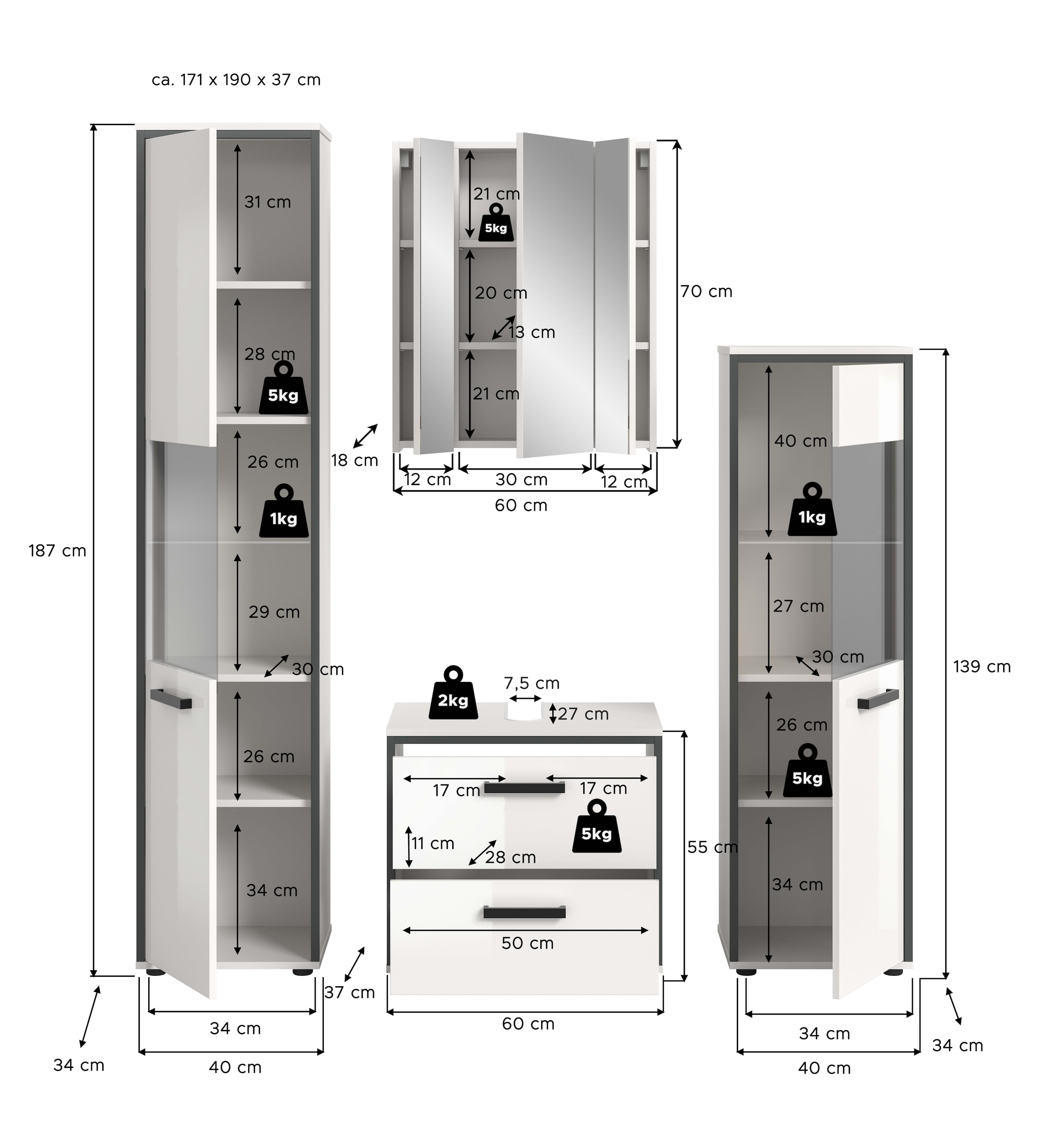 welltime Badmöbel-Set »KAJO, 4-tlg. Badkombination, weiß hochglanz« Set, Set, best. aus:1Hochschrank,1Spiegelschrank,1WBU,1Midischrank, 4 Stk. tlg.