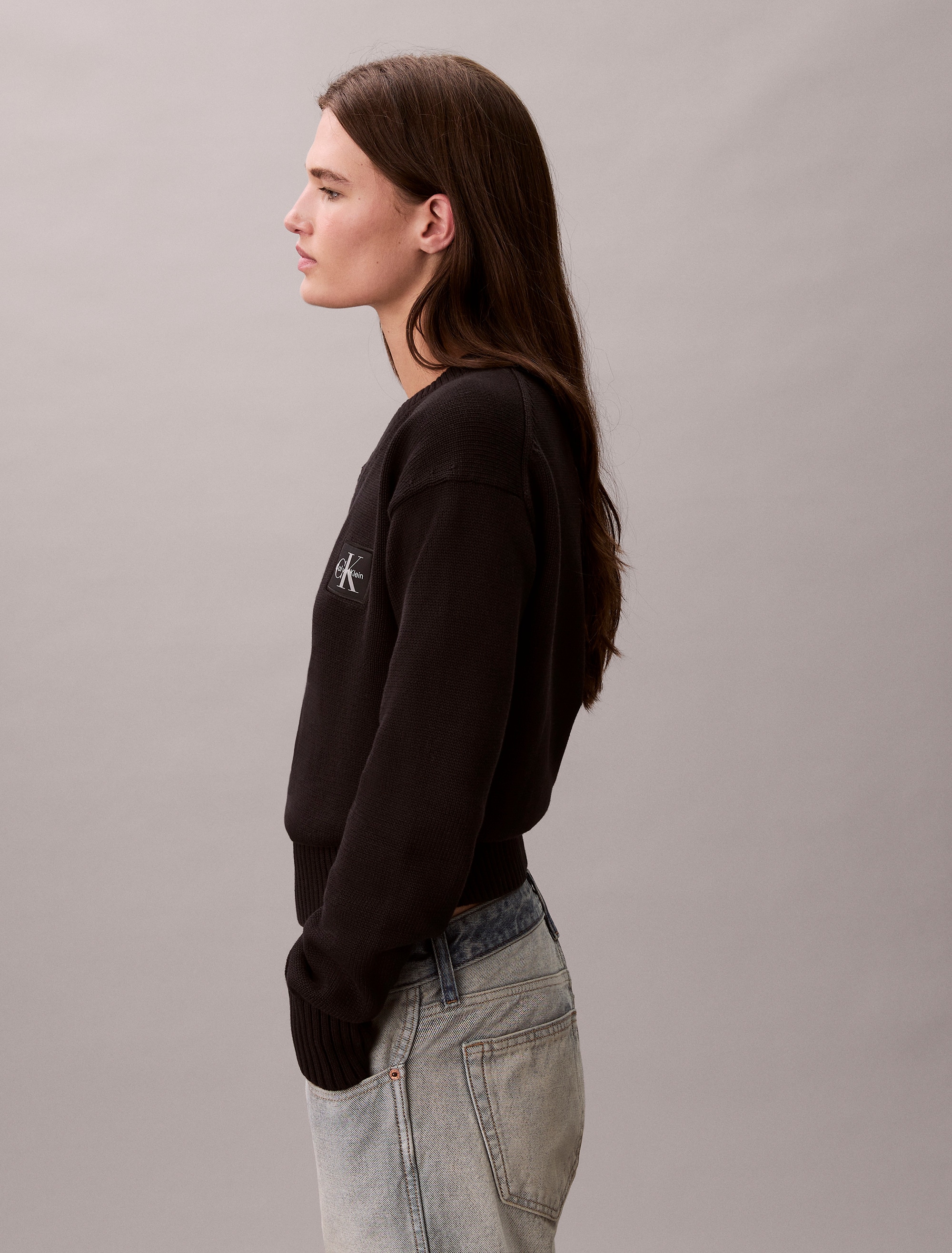 Calvin Klein Jeans V-Ausschnitt-Pullover, Feinstrick, taillenlang
