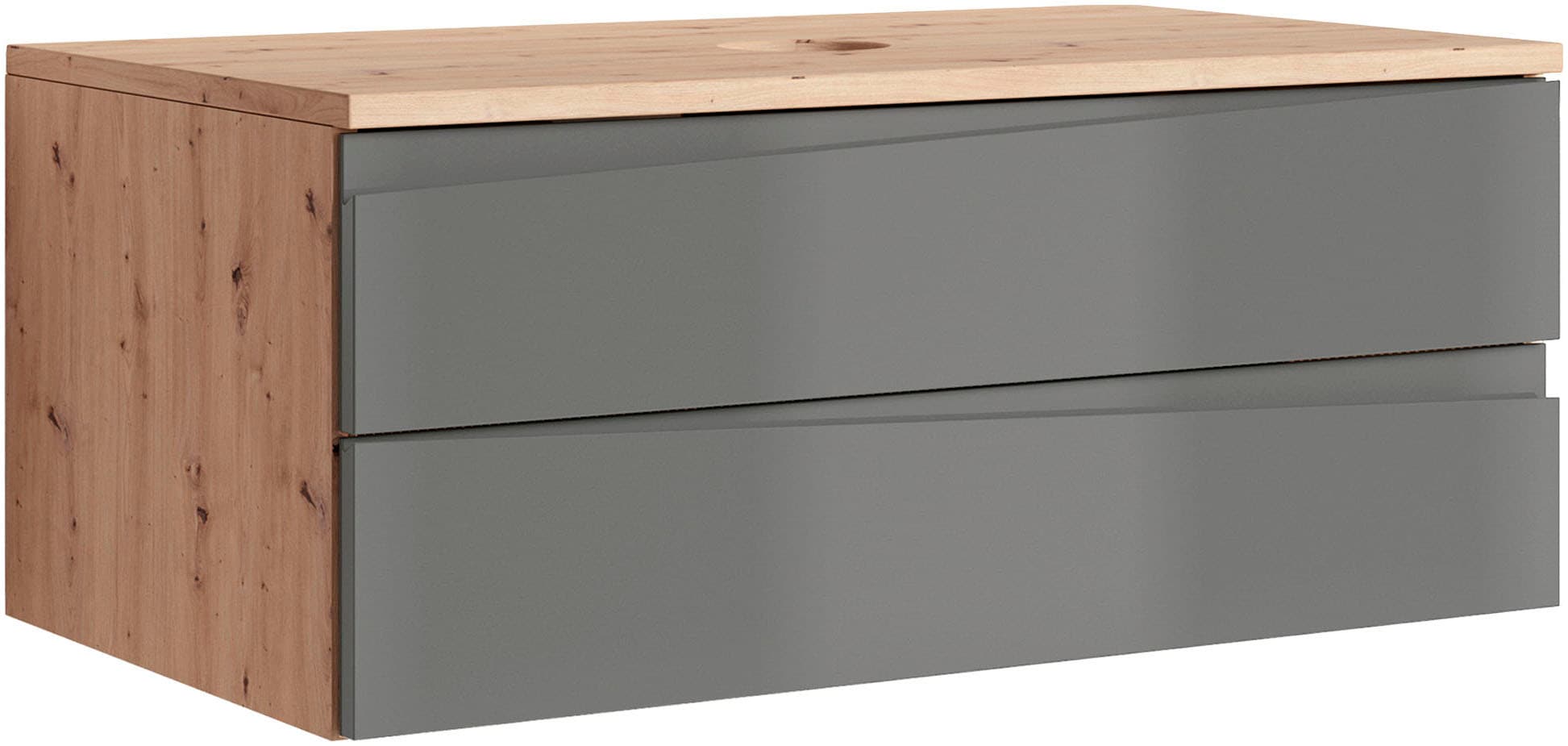 byLIVING Waschbeckenschrank »Shape«, (1 St.), für Aufsatzbecken mit asymetrischer Hochglanz Front, 2 Schubkästen