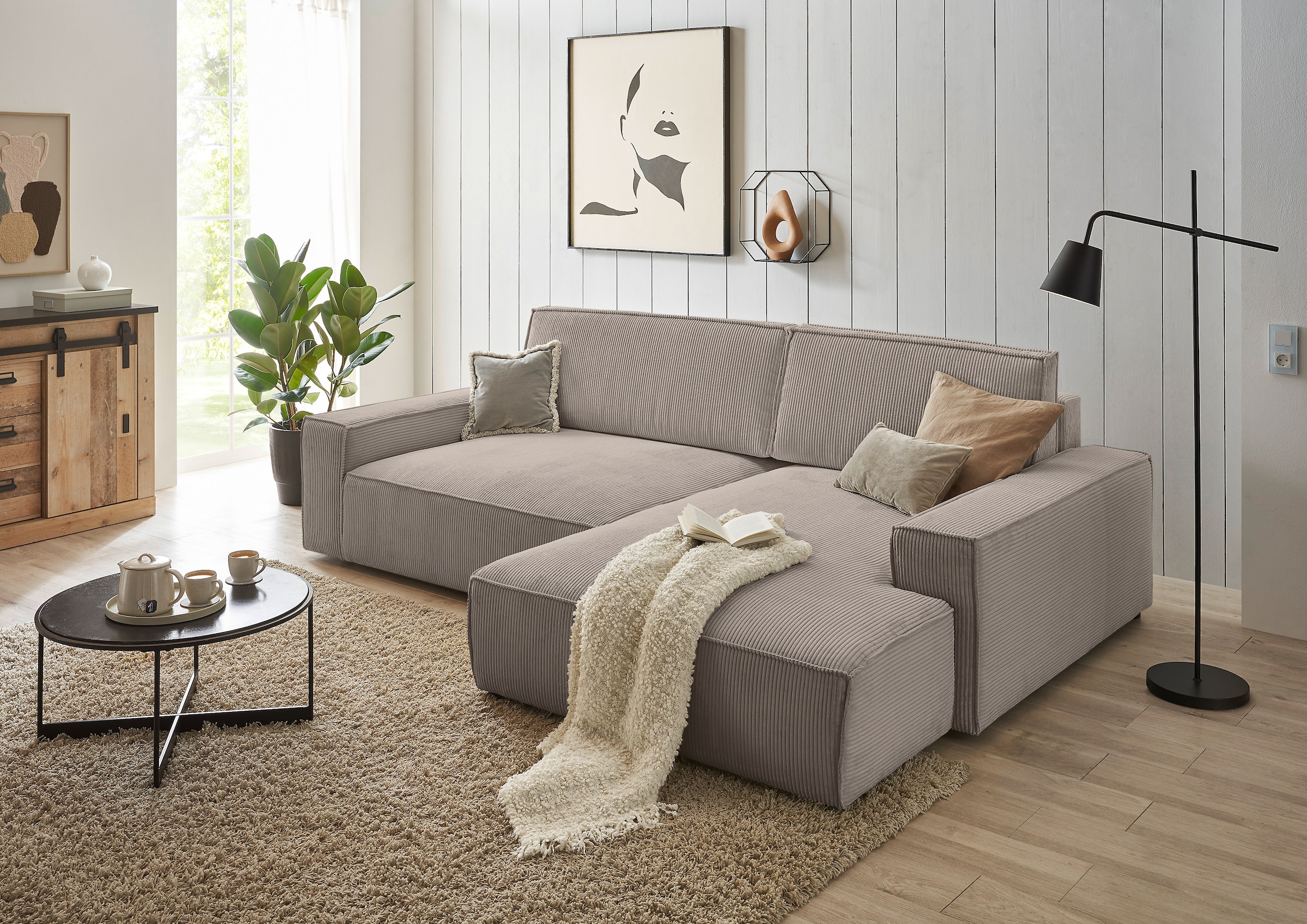 Home affaire Ecksofa »NEU: SHERWOOD XXL 284, Big-Sofa L-Form, tiefe Sitzfläche 95 cm, Cord«, Recamiere rechts/links, als Schlafsofa stellbar, Cord u. Leinenoptik