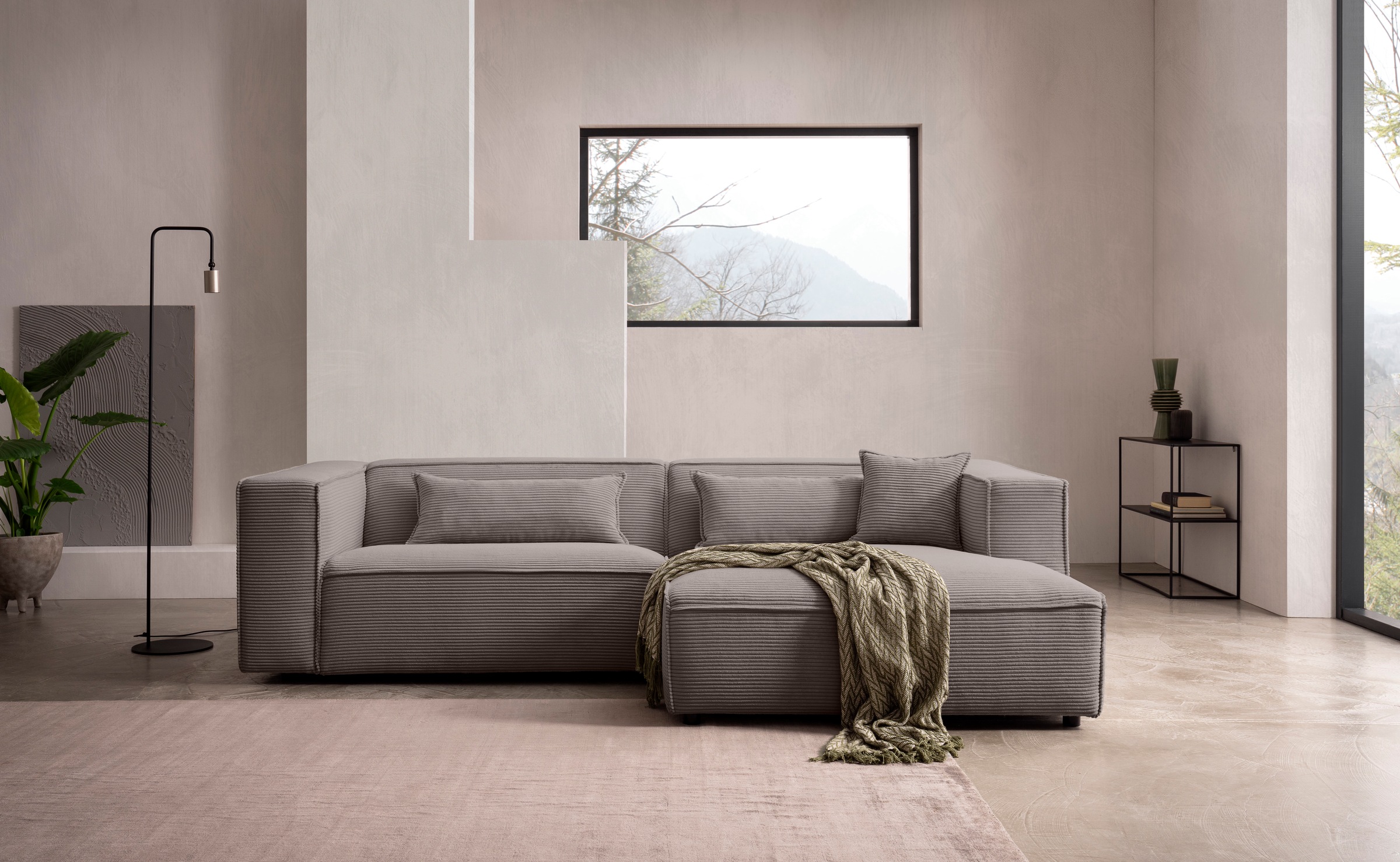 LeGer Home by Lena Gercke Ecksofa »PIARA mit Kedernaht in Cord oder Leinenoptik, moderne Couch in L-Form«, wahlweise Ottomane rechts/links, schwarze Füße, bequemer Sitzkomfort