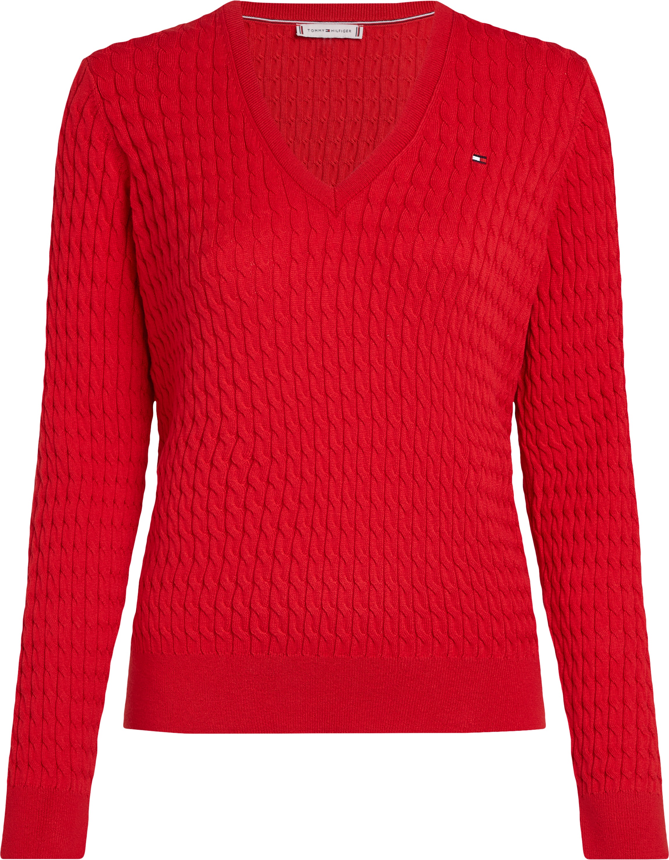 Tommy Hilfiger V-Ausschnitt-Pullover »CO CABLE V-NK LS SWT«, mit Zopfmuster, Logostickerei
