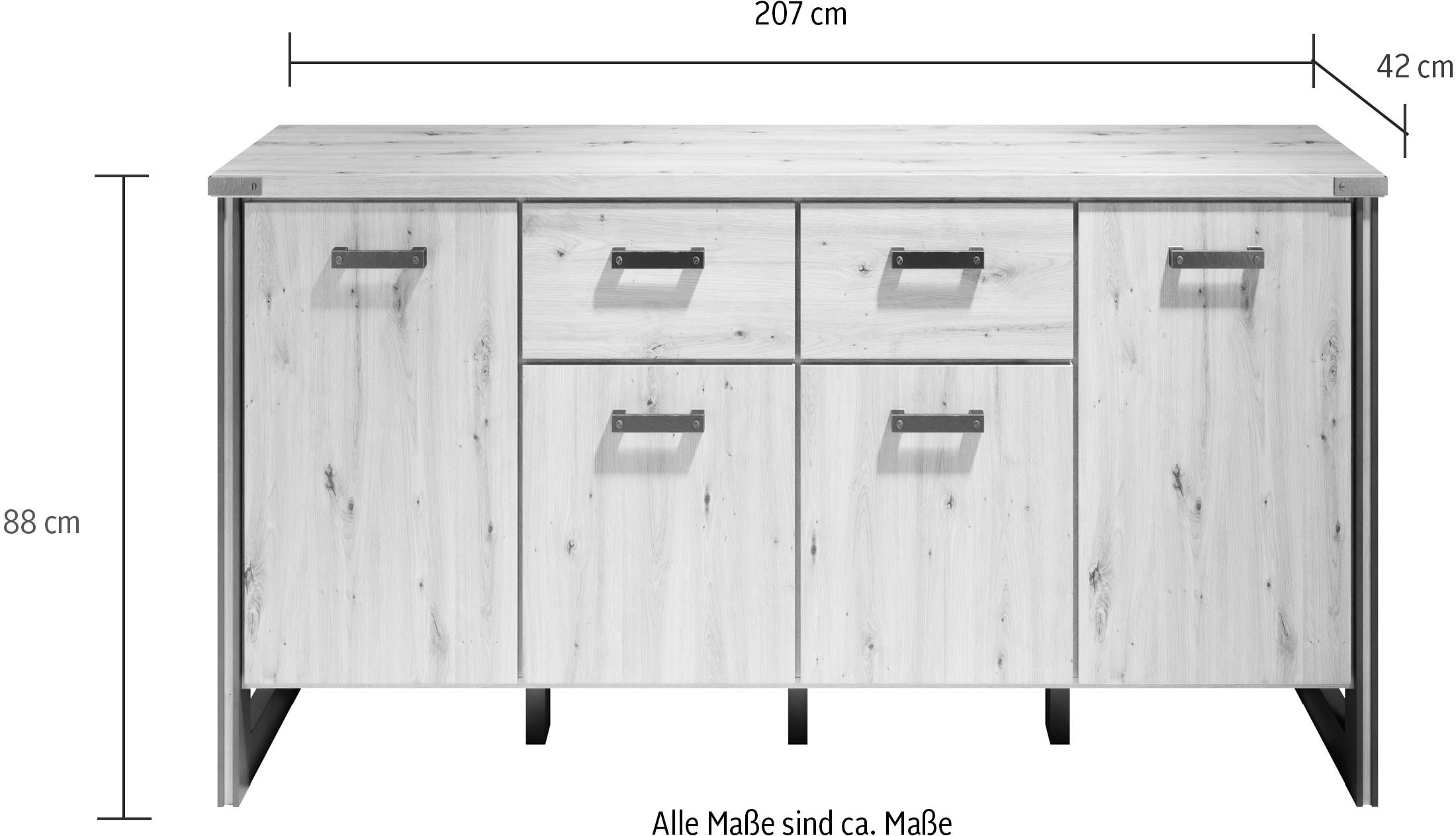 Home affaire Sideboard »Mia« 1 Stk. tlg. Echtholzoptik, Eiche, 207 cm breiter Schrank