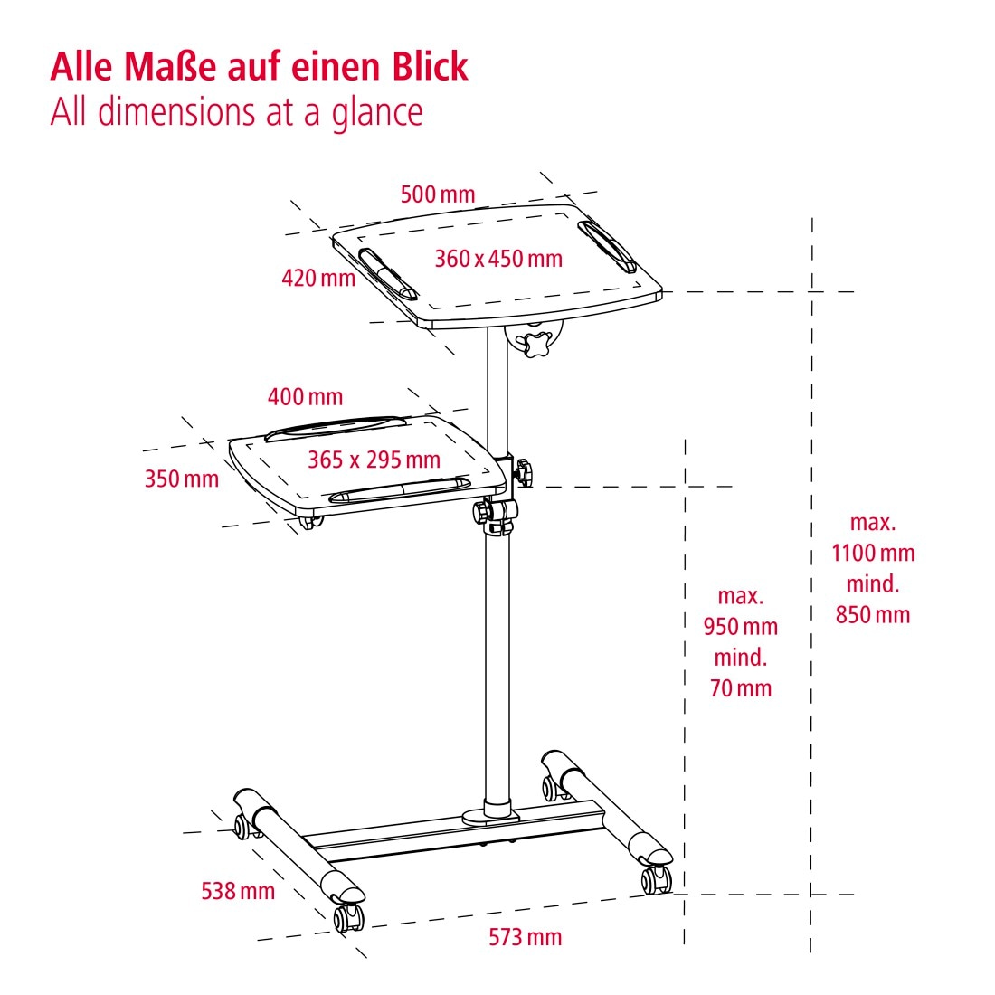 Hama Beamer »Beamertisch, 2 Flächen (je 10kg)«, höhenverstellbar, neigbar Beamerwagen mit Rollen, 360°